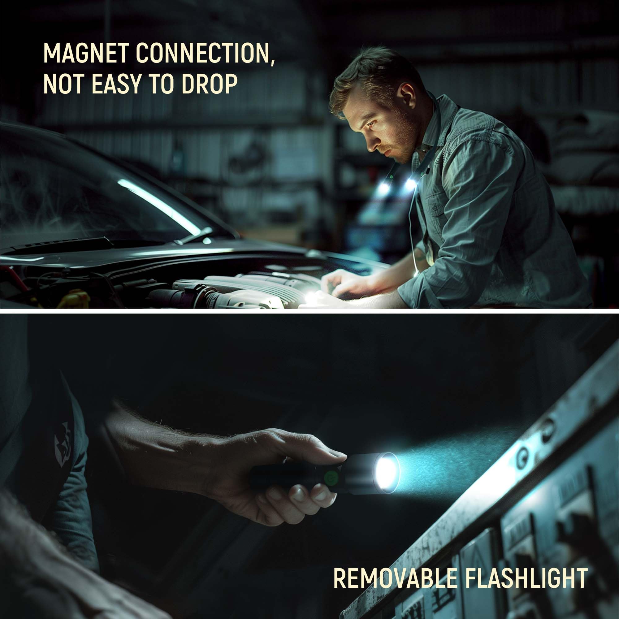 Clakap Led Neck Light, 1800Lumens Rechargeable Neck Flashlight With Magnetic Base, Detachable Neck Work Light With Zoomable Flashlight, Flexible Around Mechanic Neck Lamp For Car Repairing Reading