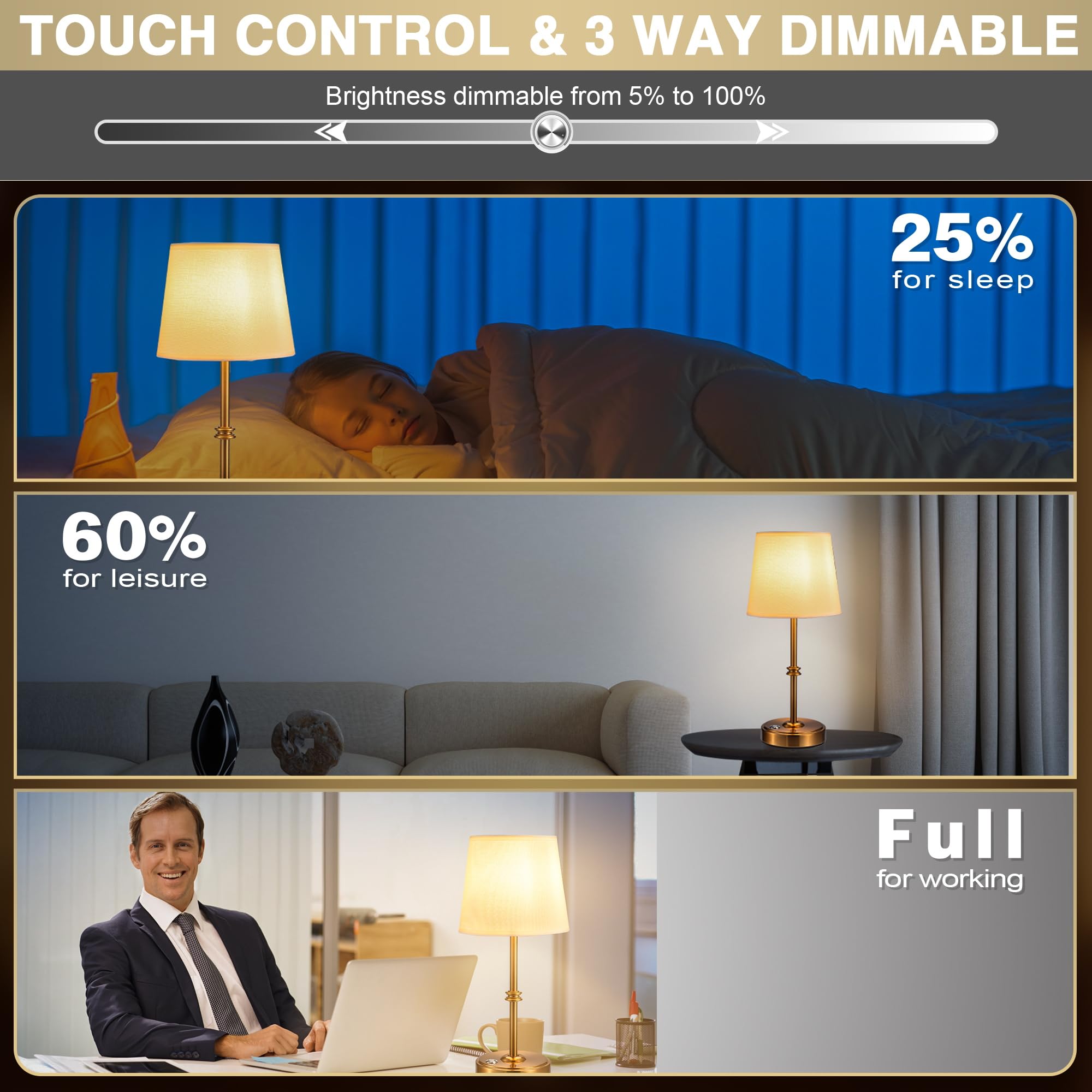 Anxingtools Rechargeable Led Cordless Table Lamp, 5200Mah Battery Operated, 3 Level Brightness, Portable Night Bedside Lamp, Ambient Desk Light For Home Decor, Patio, Restaurant, Dinning(Antique Brass)