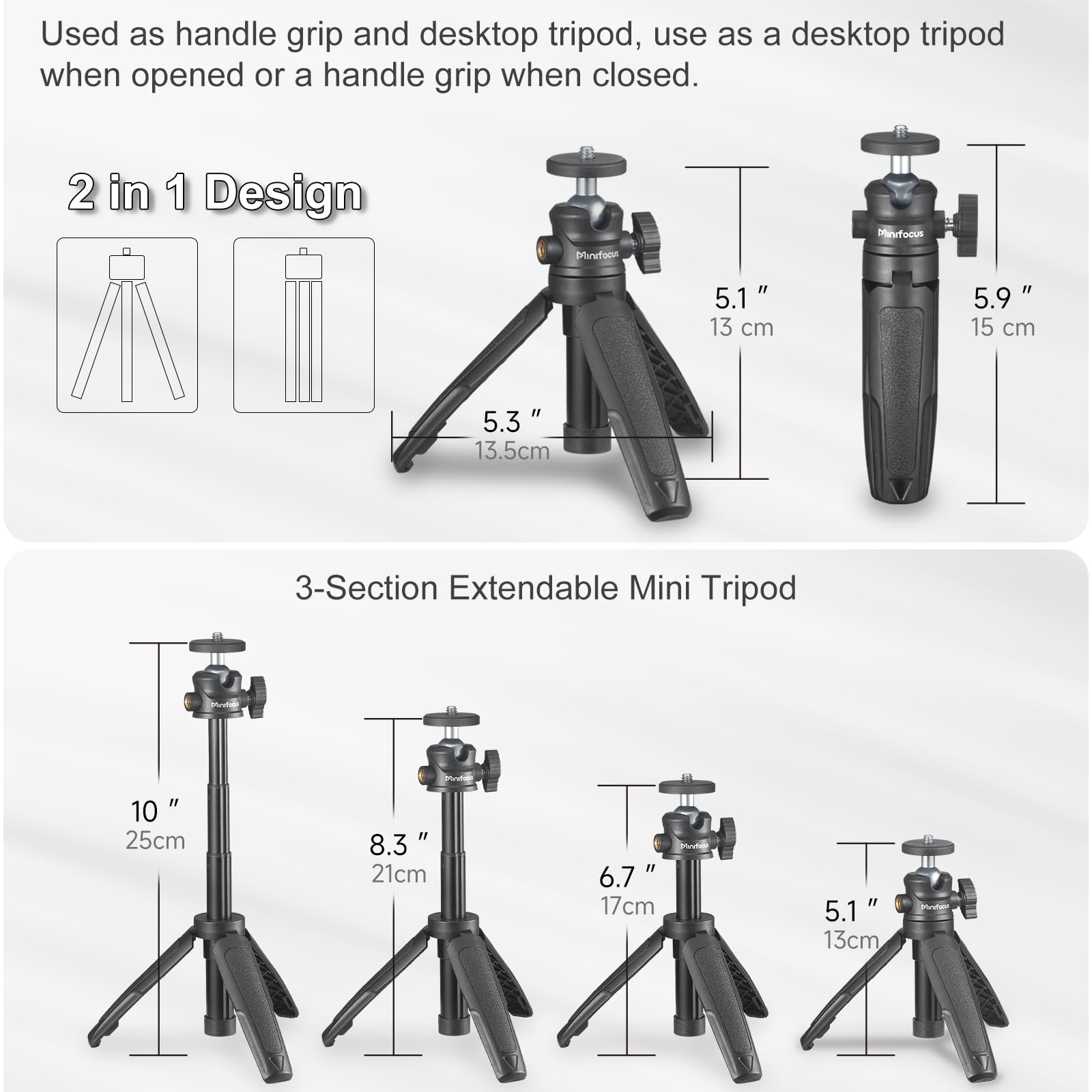 Minifocus Extendable Mini Camera Tripod, Selfie Stick Tripod Stand Handle Grip With 360° Rotating Ball Head, 1/4" Screw Extension Pole Tripod For Gopro Akaso Insta360 Dji Osmo Action Camera And Smartphone