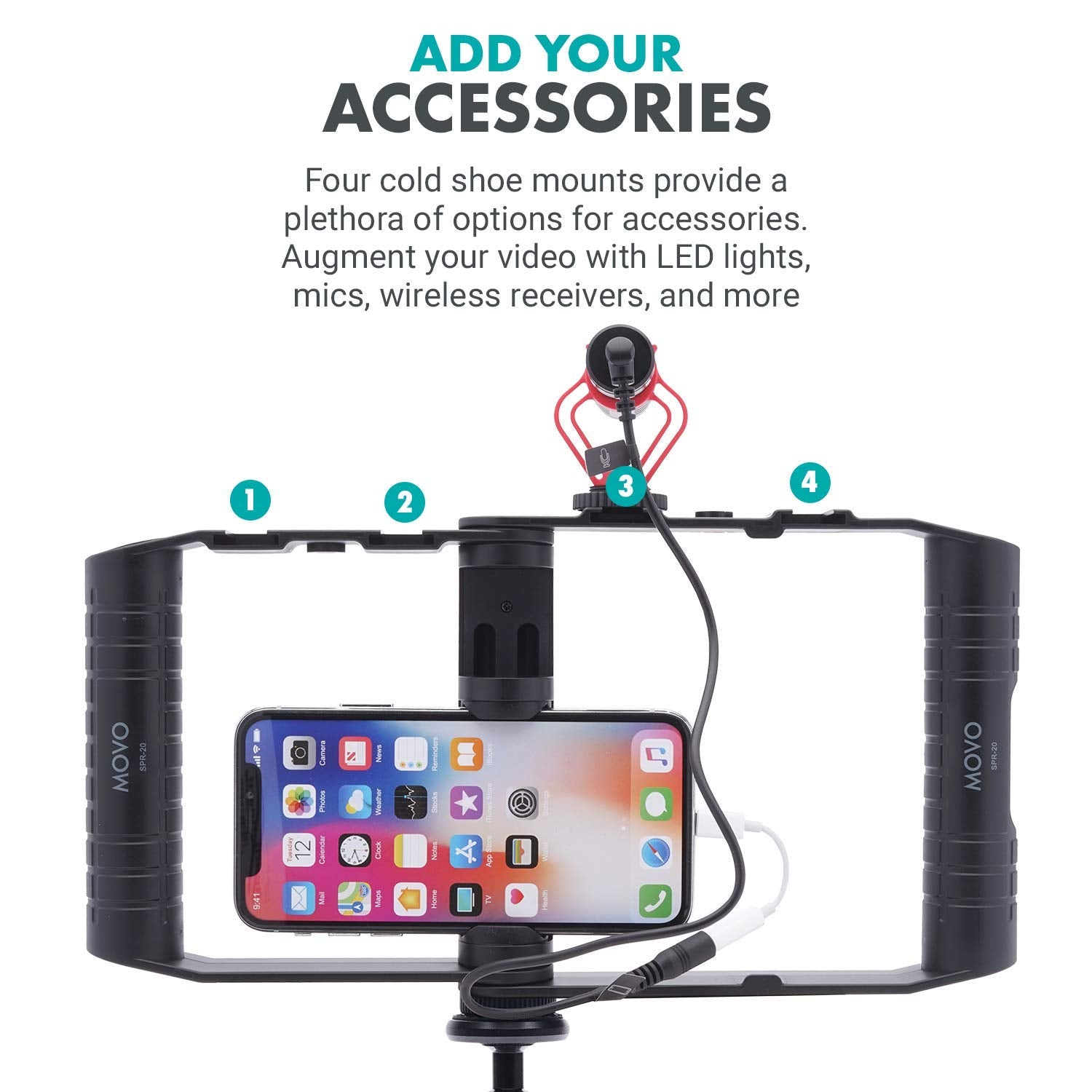 Movo Spr-20 Foldable Smartphone Video Rig Cage With Cold Shoe Mounts For Microphone Or Led Light - Vlogging Mount Compatible With Iphone, Android - Smartphone Video Stabilizer Grip - Filming Equipment