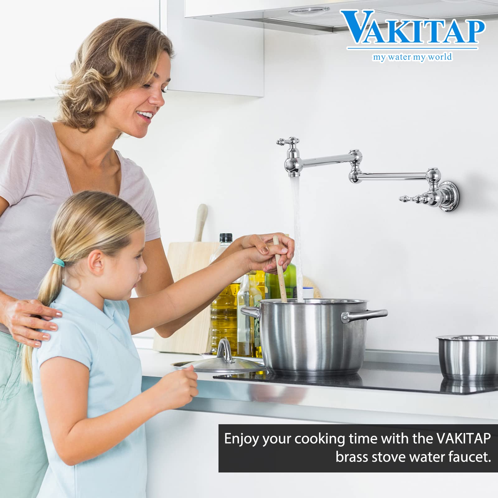 Vakitap Brass Pot Filler Faucet, Wall-Mount Pot Filler With Double Joint Swing Arm, Modern Chrome Over Stove, 3005-Ch
