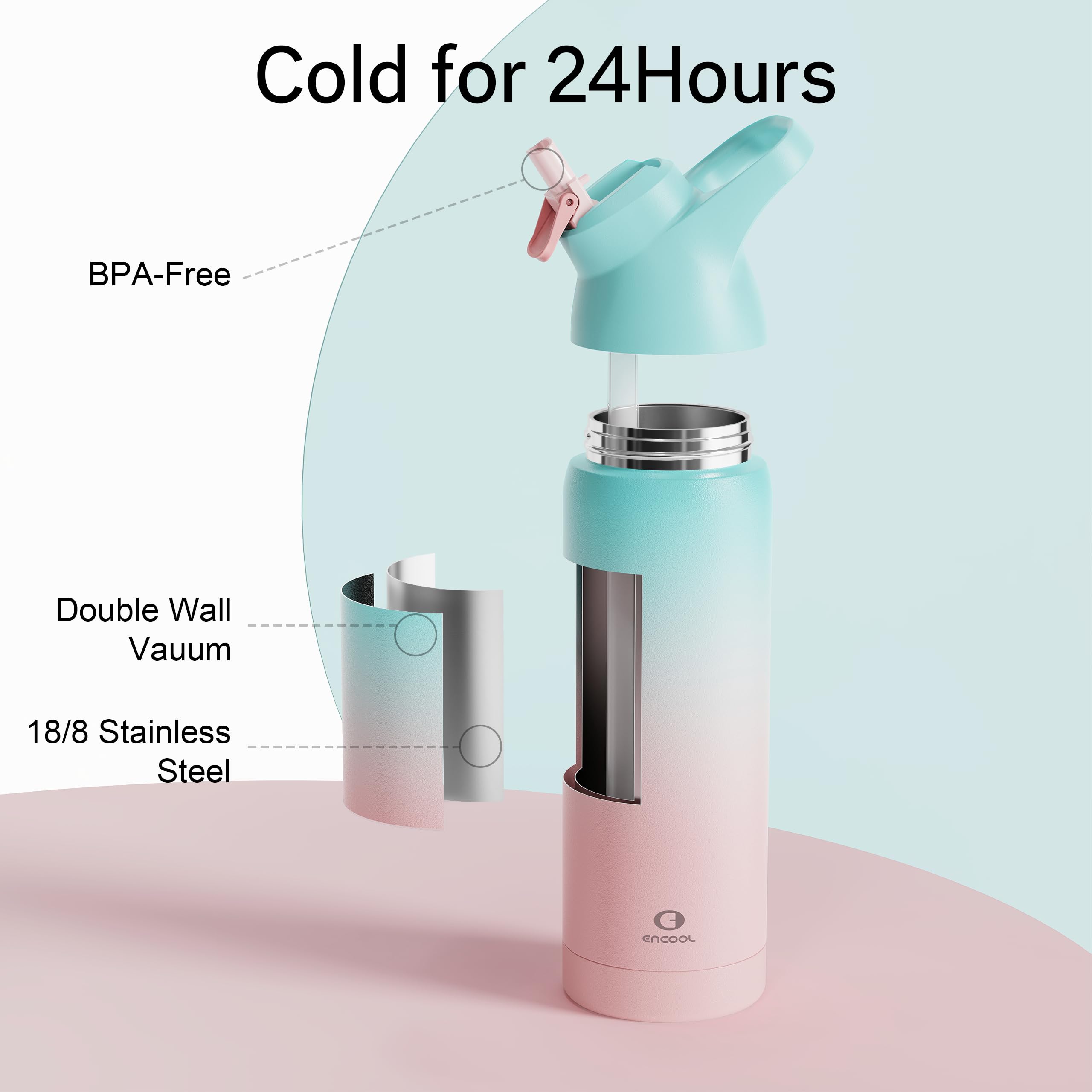 Insulated Water Bottle With Straw - Encool Stainless Steel Water Bottle, Reusable Leakproof