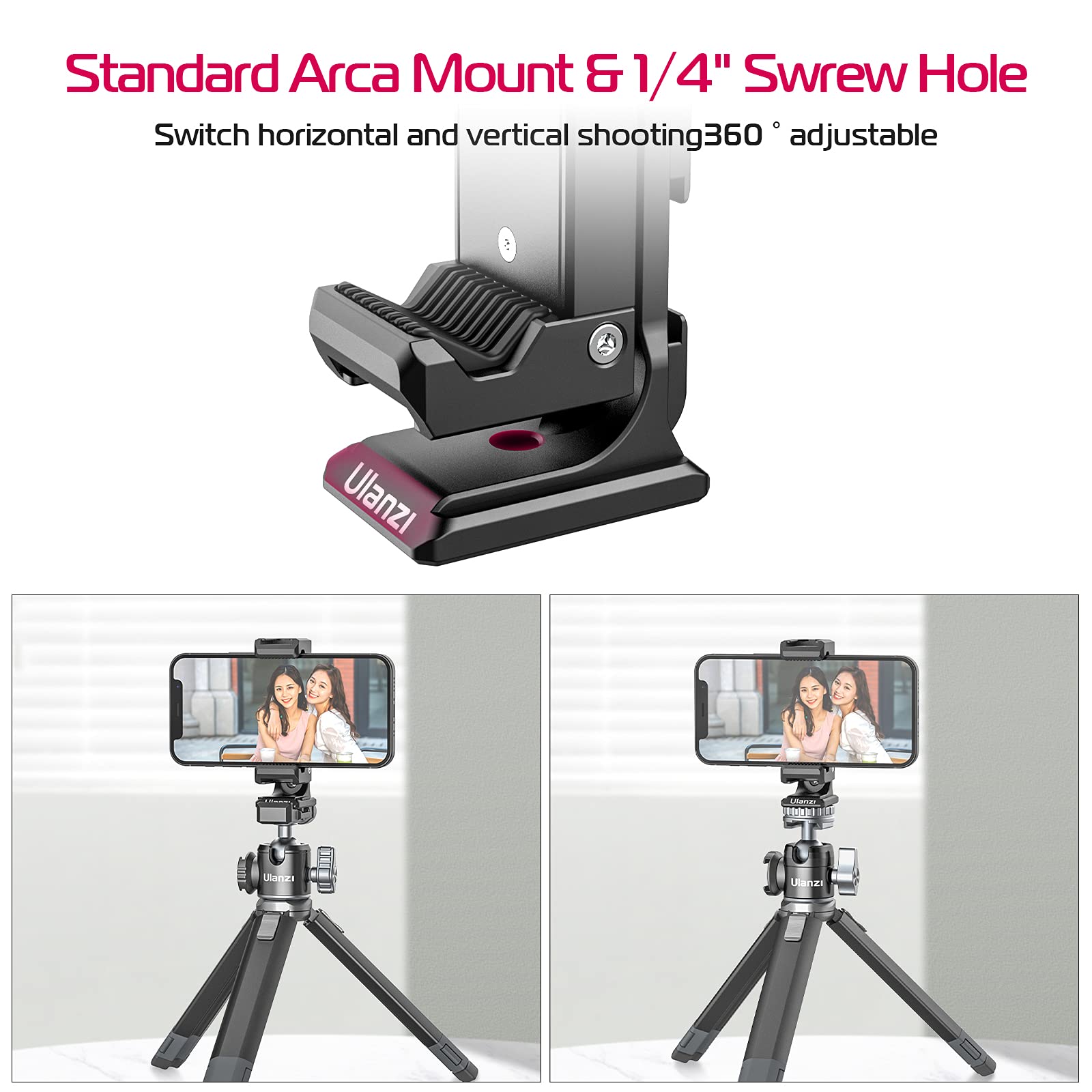 Pictron Metal Phone Tripod Mount 3 Cold Shoes & Arca Port, 360° Smartphone Tripod Adapter For Iphone Samsung Cell Phone Stand Holder For Desktop Tripod Video Live Streaming Vlogging Rig