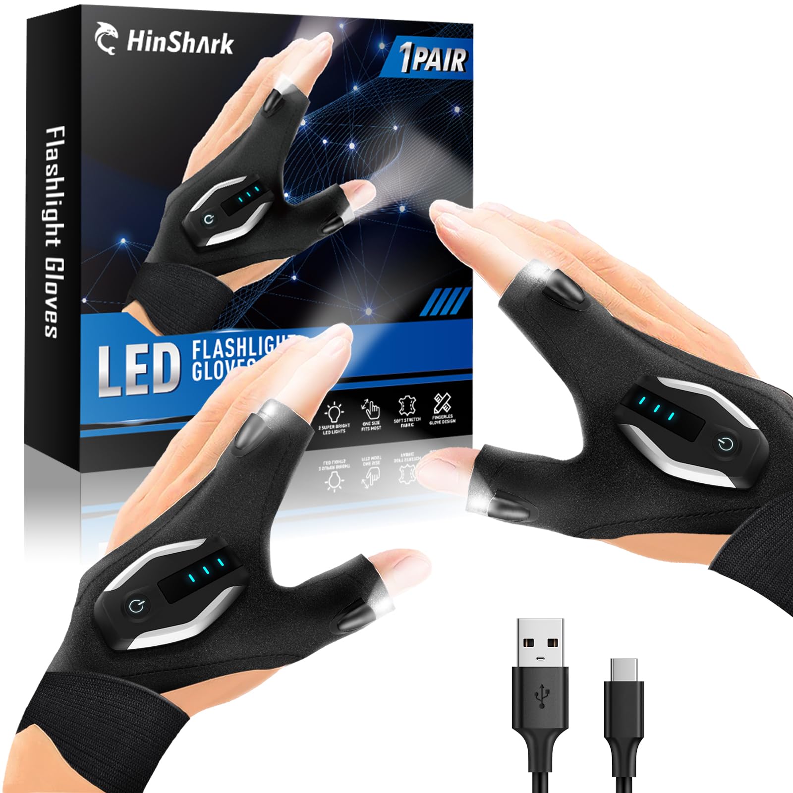 Hinshark Fathers Day Dad  From Daughter Son Wife, Led Flashlight Gloves Rechargeable, Fathers Day Cool  For Dad, Anniversary Birthday Mens  For Men Husband Grandpa, Camping Fishing 