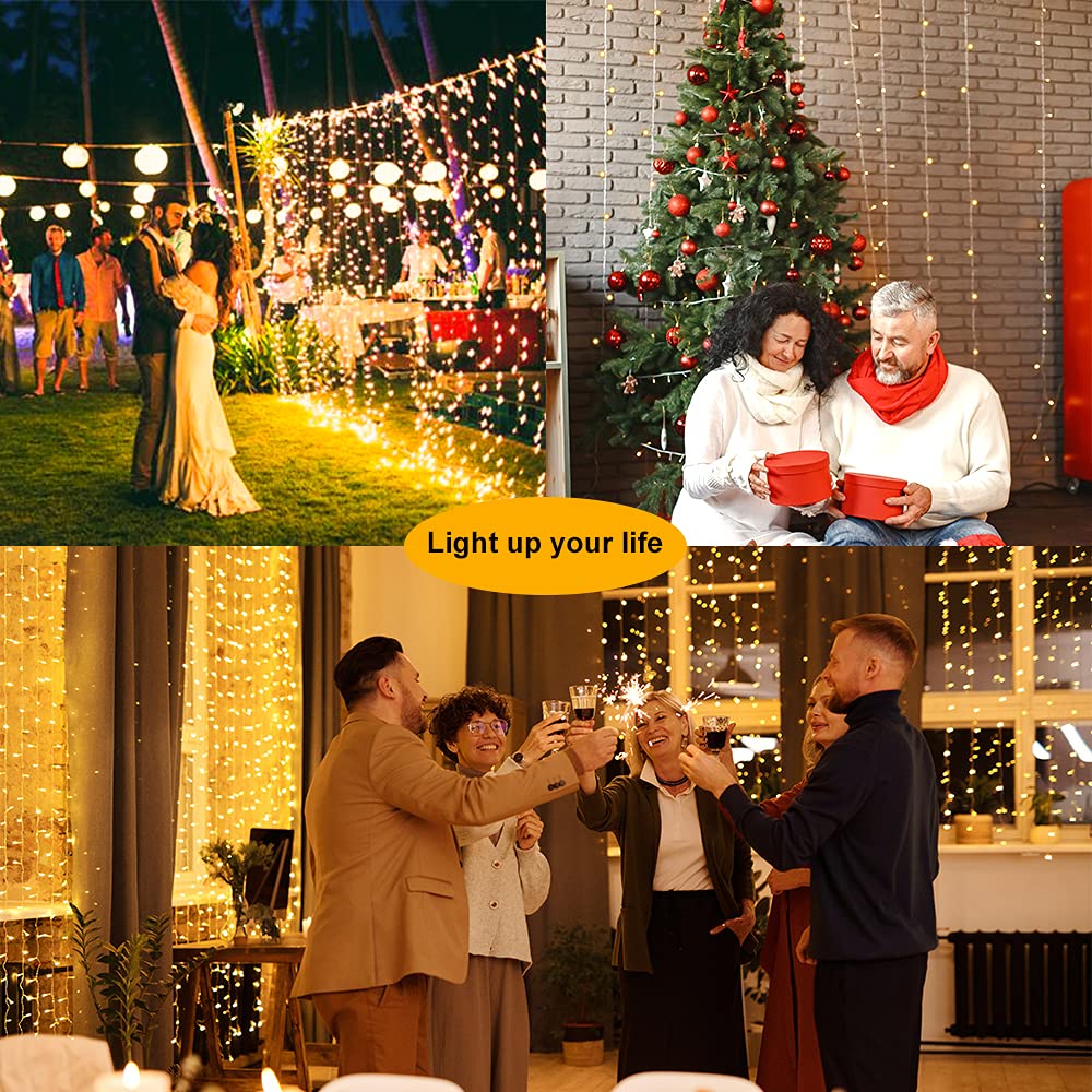 Whywhife Solar Curtain Lights Outdoor Garden Fairy String Lights 300 Led 8 Modes Remote Control Waterproof Waterfall Lights For Gazebo Patio Party Festival Wedding Christmas Decorations(Warm)