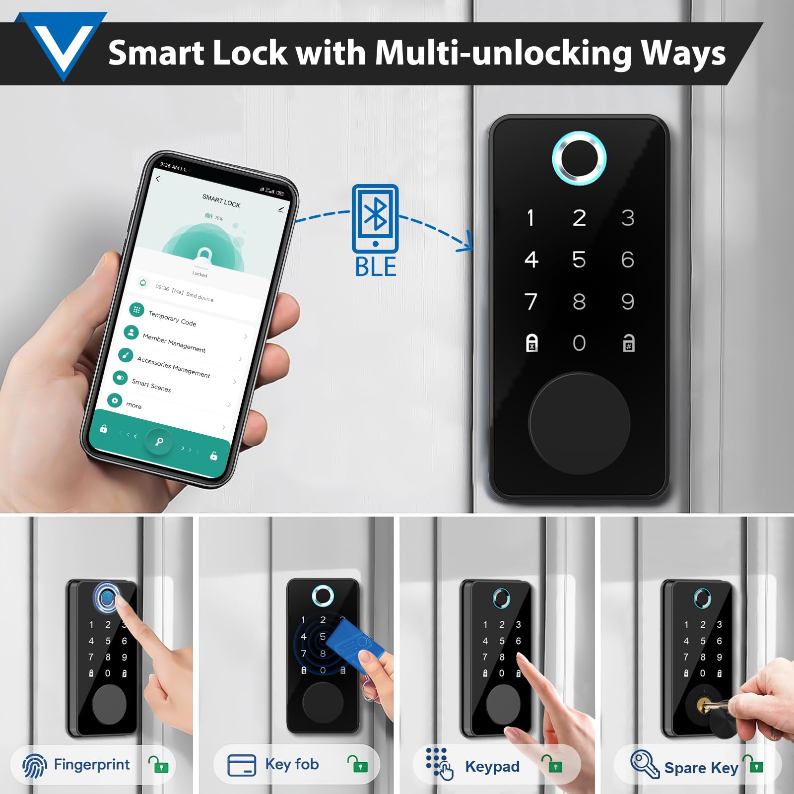 Tgcfing Smart Fingerprint Door Lock, Keyless Entry Door Lock, Front Door Lock With Digital Passcode Keypad, Bluetooth Electronic Deadbolt Lock, Anti-Peeping Password, Auto Lock For Home/Hotel/Office/Apartment