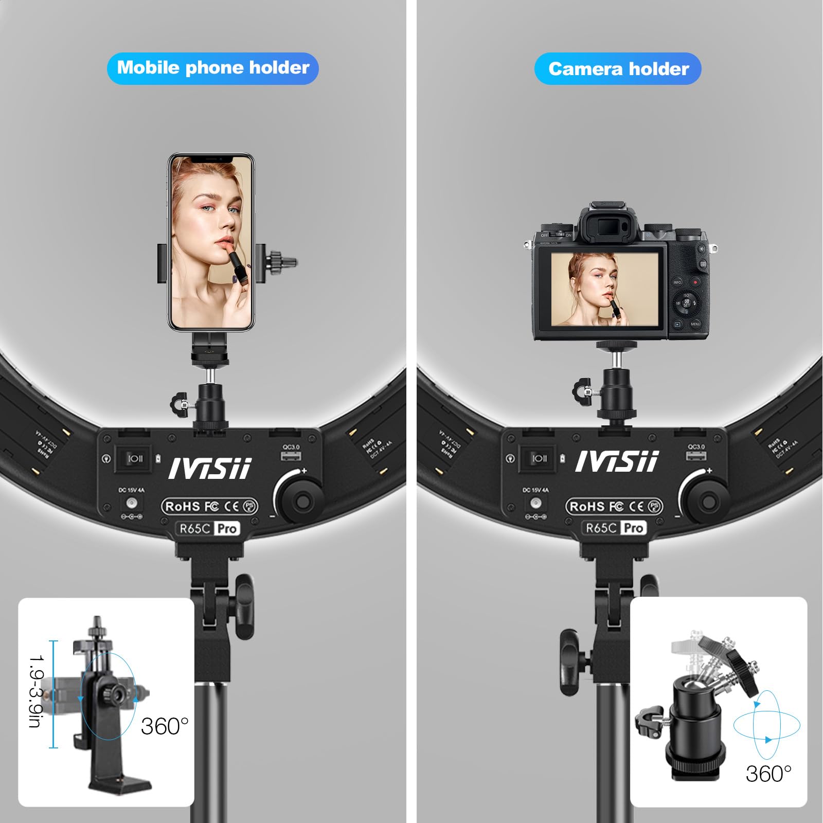 Ivisii Ring Light Kit - 19"/48.5Cm Outer 60W 3000K-5800K Bi-Color Ring Light With Tripod Stand, Carrying Bag - Perfect For Camera, Smartphone, Youtube, Tiktok, Vlogging, And Self-Portrait Shooting