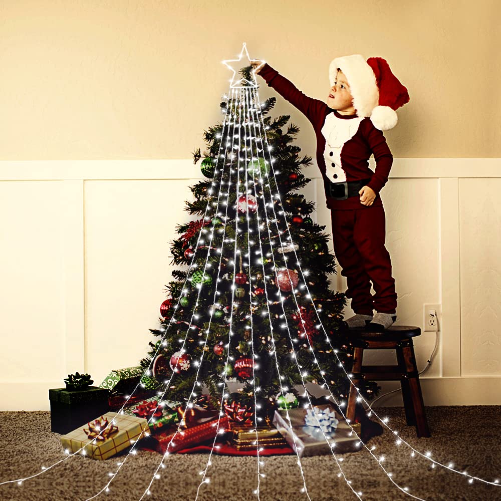 Miniao Christmas Decorations Star String Lights, 320 Led Waterfall Tree Lights With 13" Topper Star 8 Lighting Modes Indoor Outdoor Decorative For Year, Holiday, Wedding, Party