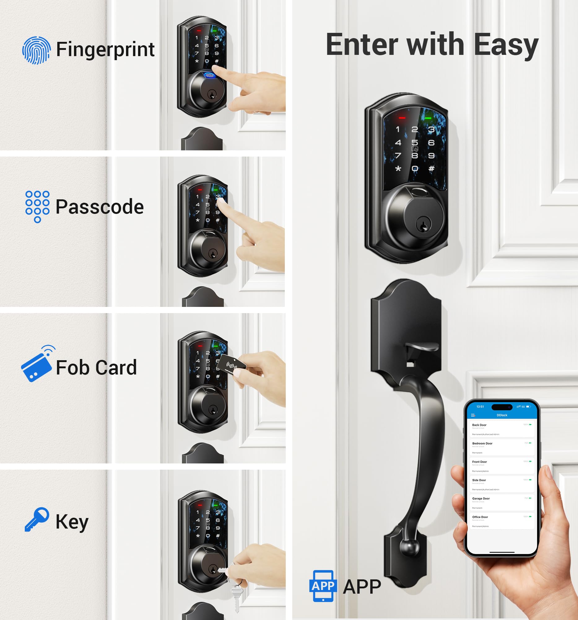 Veise Ve07-H Fingerprint Smart Locks For Front Door With Handle Set, App Control, Keyless Entry Keypad Deadbolt, Digital Electronic Touchscreen, Easy Install, Auto Lock, Matte Black