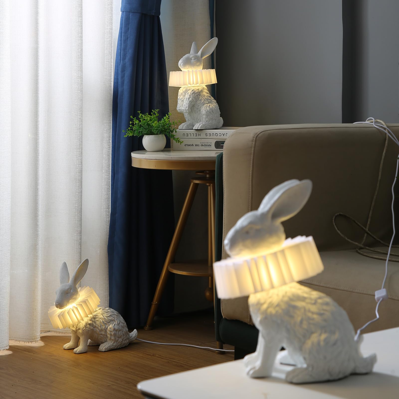 Lazhug White Scarf Rabbit Table Lamp,Resin Crafted Bunny Lamp Featuring White Pleated Pc Lampshade,Usb Plug,Low Voltage Energy-Efficient Nightstand Lamp