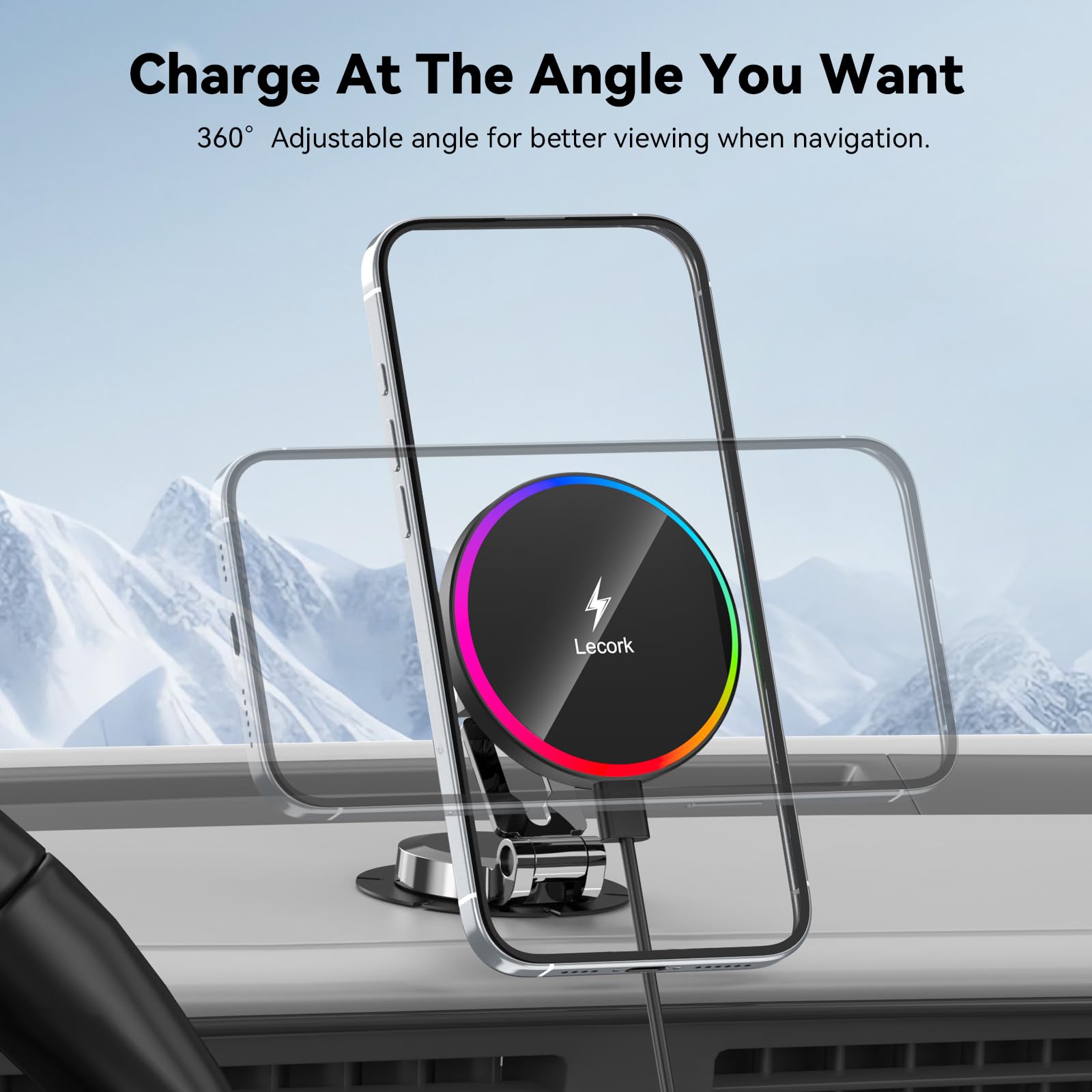 Lecork For Magsafe Car Mount Charger, 15W Magnetic Wireles Car Charger For Iphone 12 13 14 15 16 Series, Stick On Dashboard Phone Holder Mount For Samsung S25 Series, Zinc Alloy Shell, Black