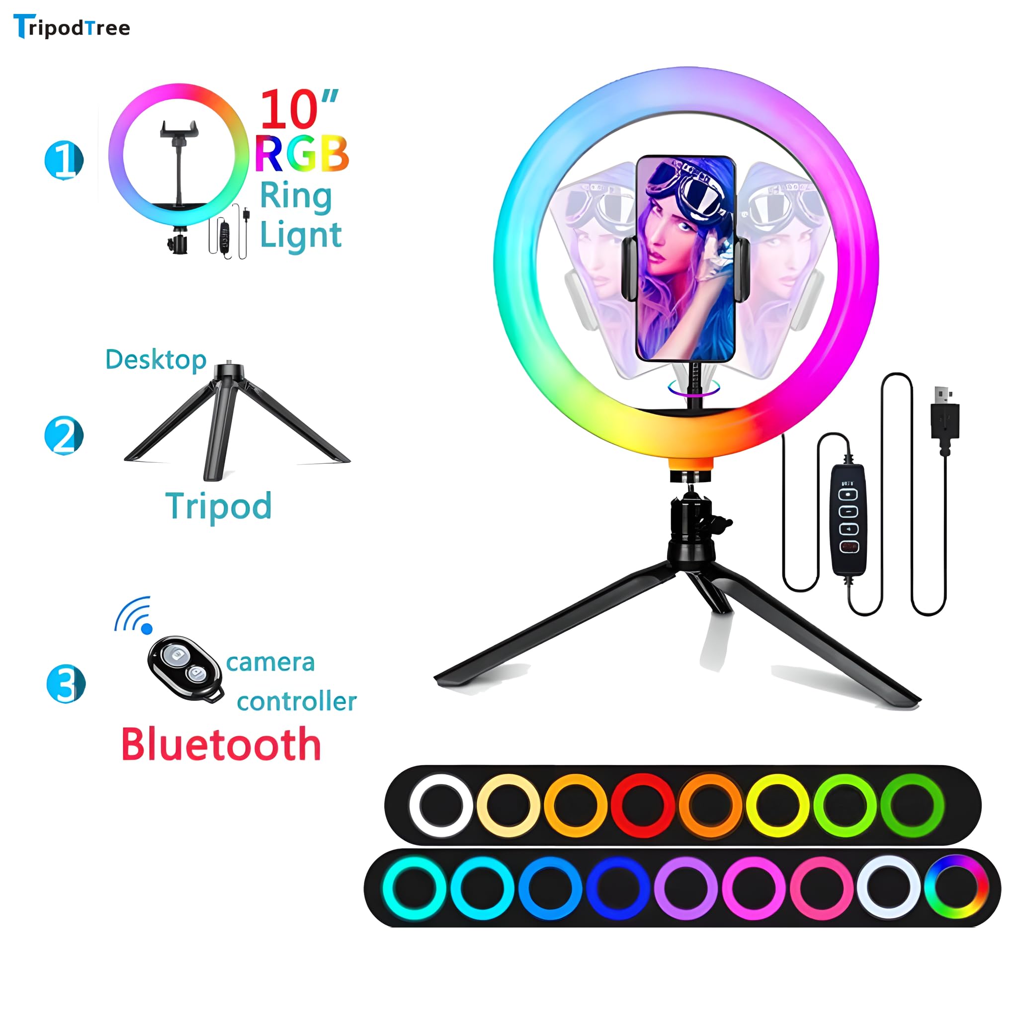 Tripodtree 10" Selfie Ring Light With 4" Desktop Tripod Stand & 1 Phone Holder, Led Ringlight With Dimmable Modes(Rgb) For Makeup/Photography/Videos/Vlog/Tiktok (Stdlr10-V2)