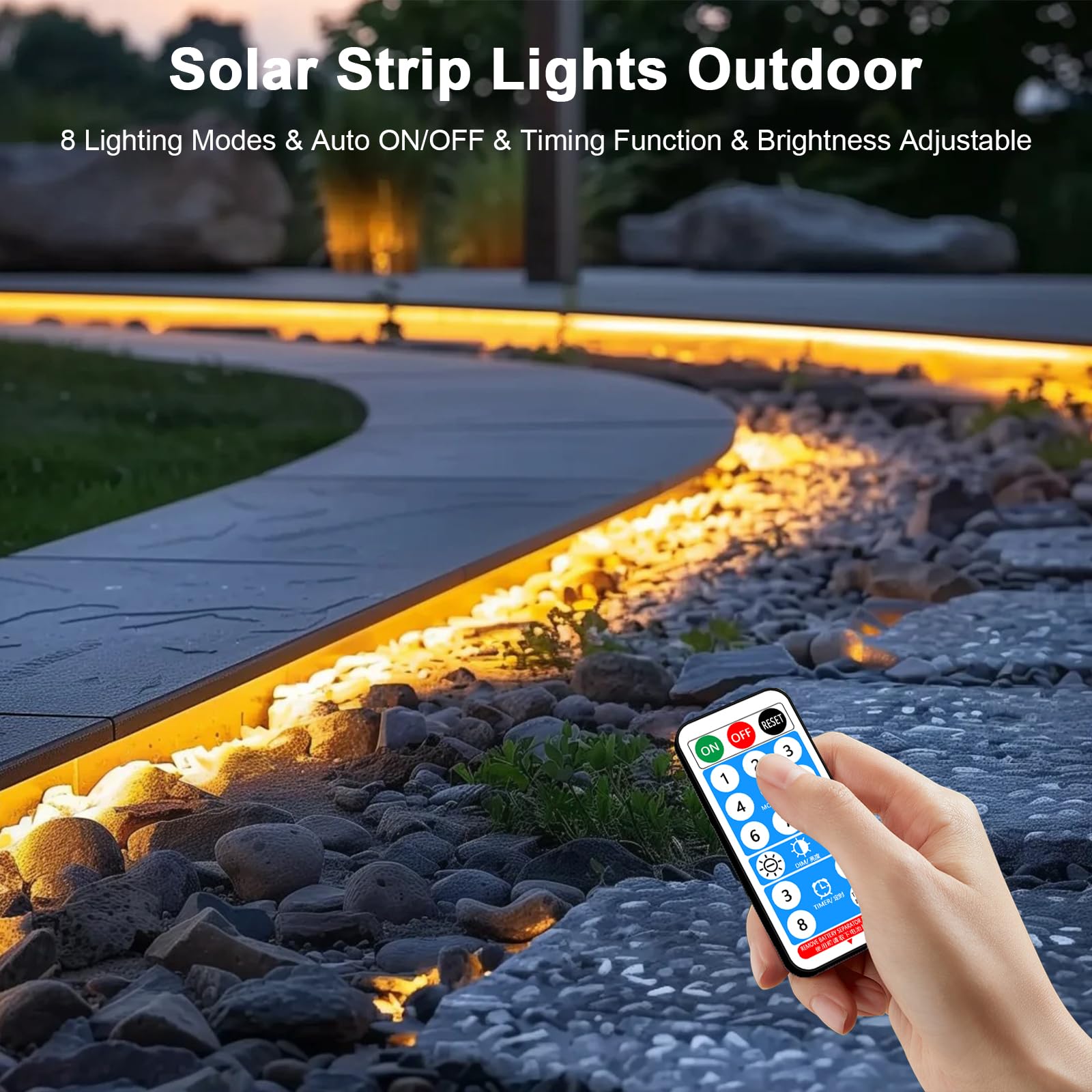 Meewata 40Ft Solar Led Strip Lights Outdoor, 8 Mode With Remote Timer And Auto On/Off, Self-Adhesive Waterproof, Great For Yard, Garden, Stair And Sidewalk Decor, Warm White
