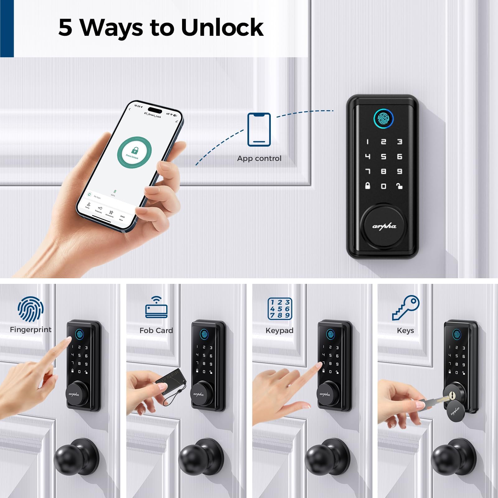 Arpha Keyless Entry Door Lock Deadbolt With Handle Set, 5-In-1 Fingerprint Keyless Entry Door Lock – App Control,Fob, Anti-Peep Keypad Code, Auto Lock, Easy To Install, Waterproof