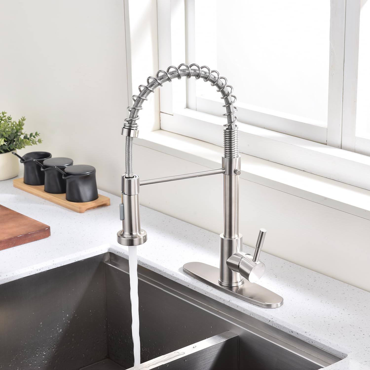 Bzoosiu Pull Down Sprayer Kitchen Faucet, Solid Brass Kitchen Sink Faucet With Deck Plate, Commercial Spring Single Handle Rv Kitchen Faucet, Brushed Nickel