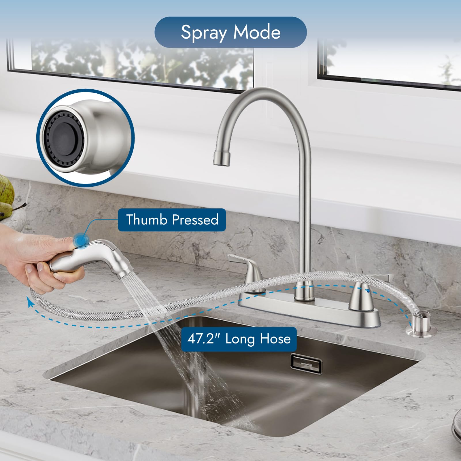 Cinwiny Kitchen Faucet 8 Inch Centerset 2 Handle High-Arc 360 Degree Swivel Spout With Supply Lines,3 Hole Kitchen Sink Faucet With Side Sprayer,Brushed Nickel
