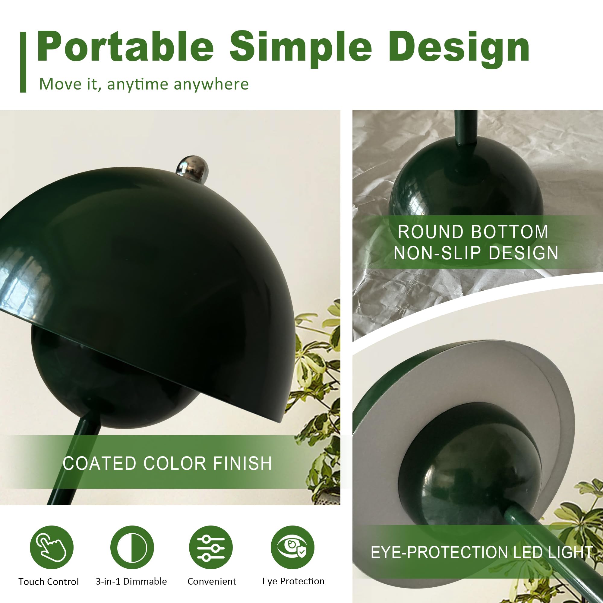 Qichksum Flowerpot Table Lamp With Usb Charging Cable, 3 Colors Stepless Dimmable Touch Desk Lamp, Cute Dome Shade Mushroom Bedside Reflecting Light For Nightstand Bedroom, Restaurant (Green)