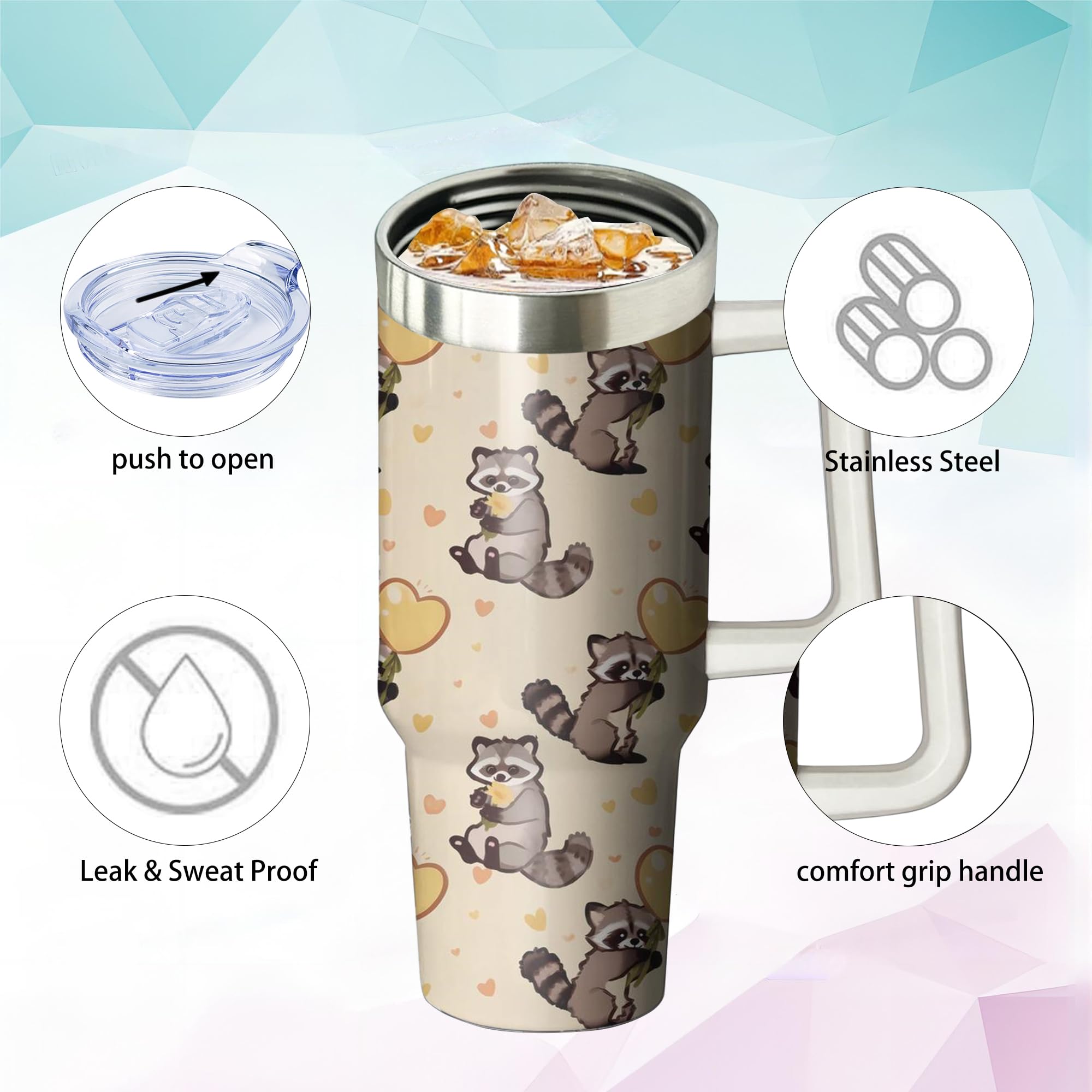 40Oz Raccoon Stainless Steel Tumbler With Handle And Straw, Dog Insulated Cup Travel Coffee Mug