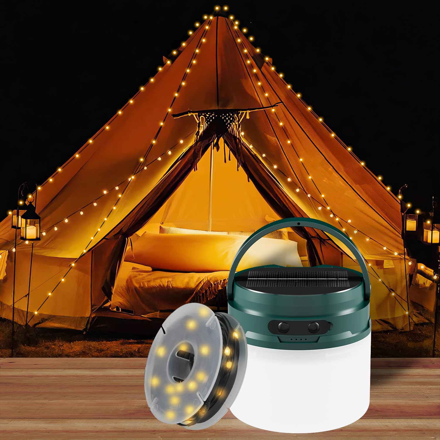 Wetpuorek Outdoor String Lights, 33Ft Rechargeable Waterproof Hanging Lights, Solar Or Usb Rechargeable, For Camping, Garden, Party & Holiday Decoration (Green)
