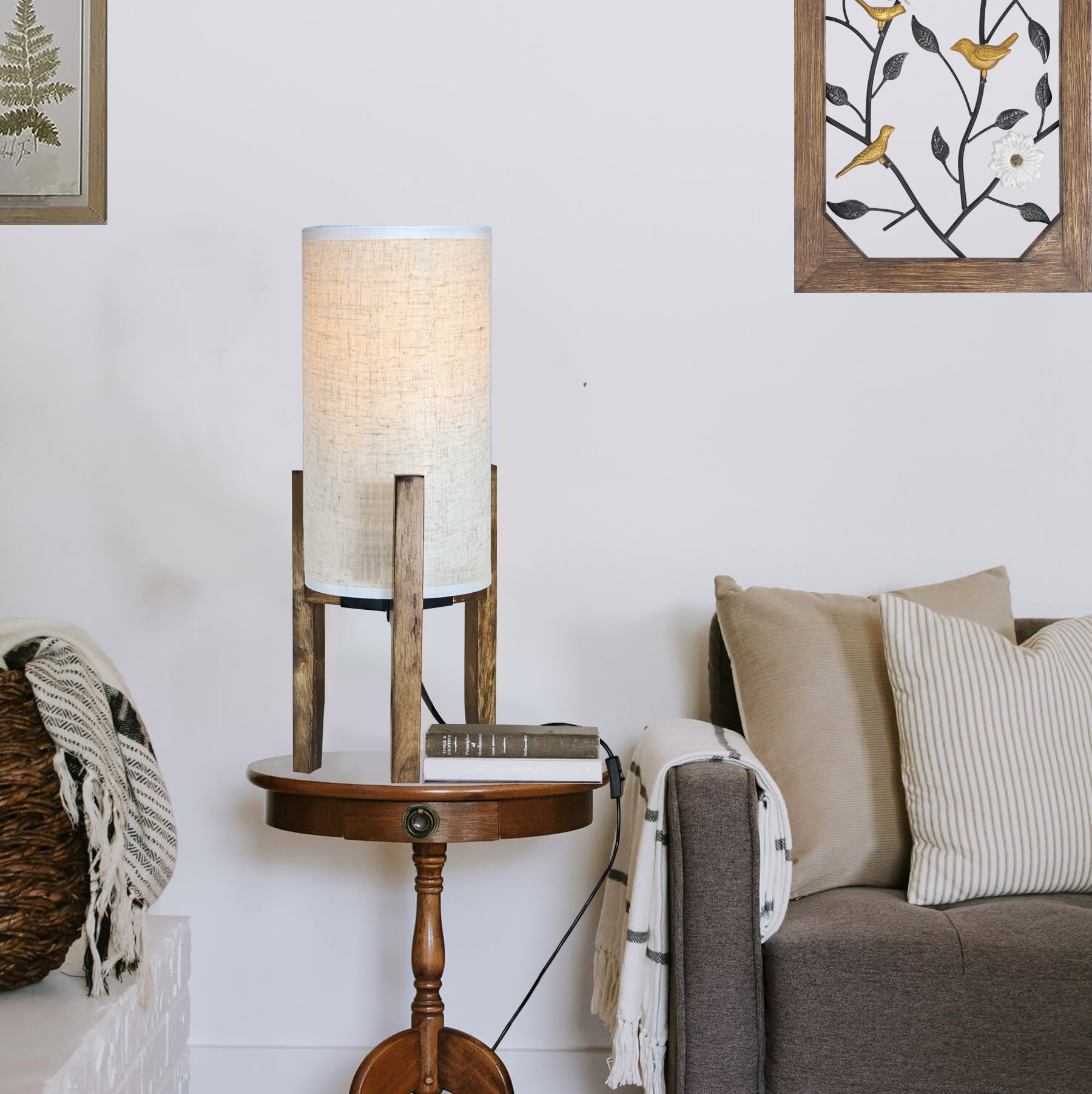 Flashell Bedside Table Lamp For Bedroom, Nightstand Wood Accent Lamp With Cream Linen Shade, Modern Cute Boho Side Desk Light 17.5" H For Living Room,Nursery