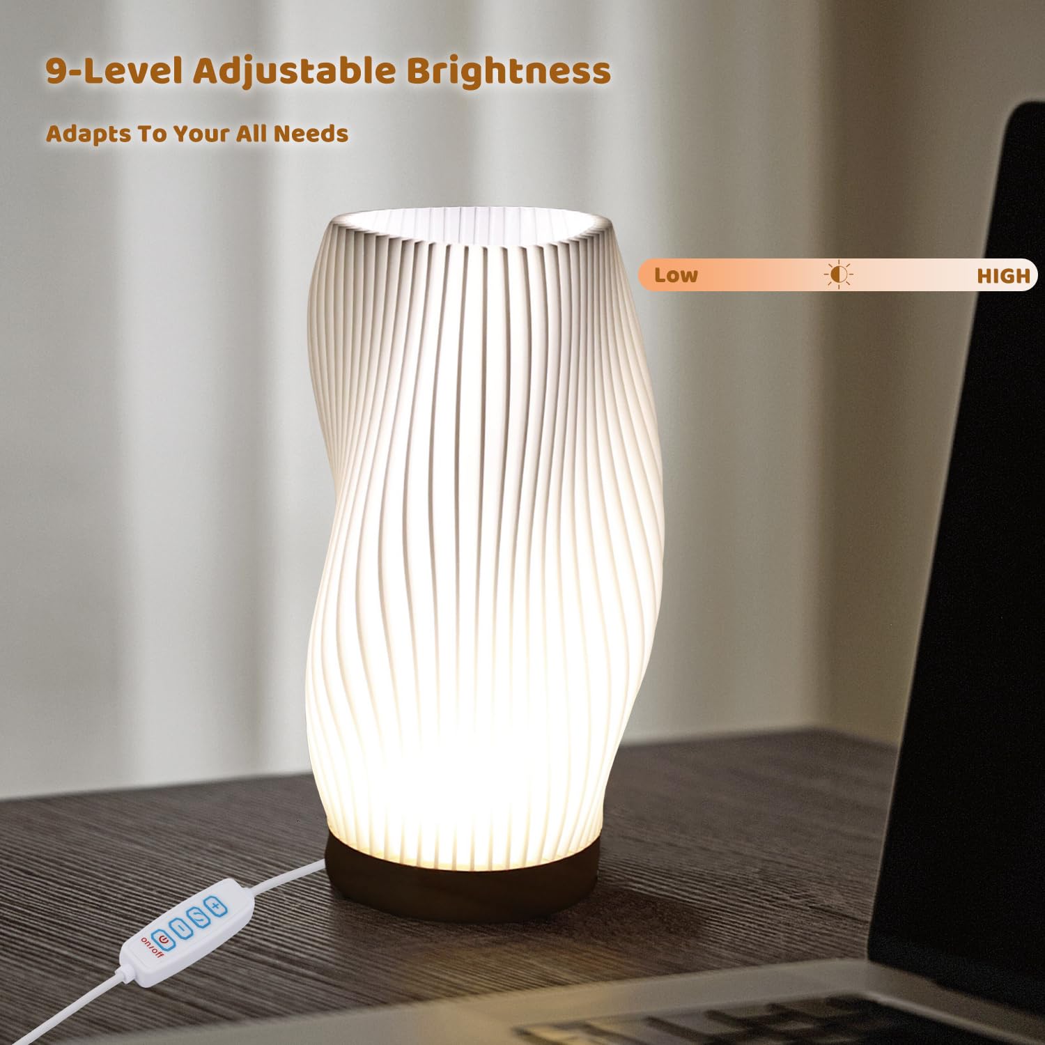 Wxrhiyer Bedroom Table Lamp With Wooden Base - Adjustable 3 Light Modes,3D Printed Lampshade Modern Nightstand Lamp,Suitable For Living Room,Desk (Curve)