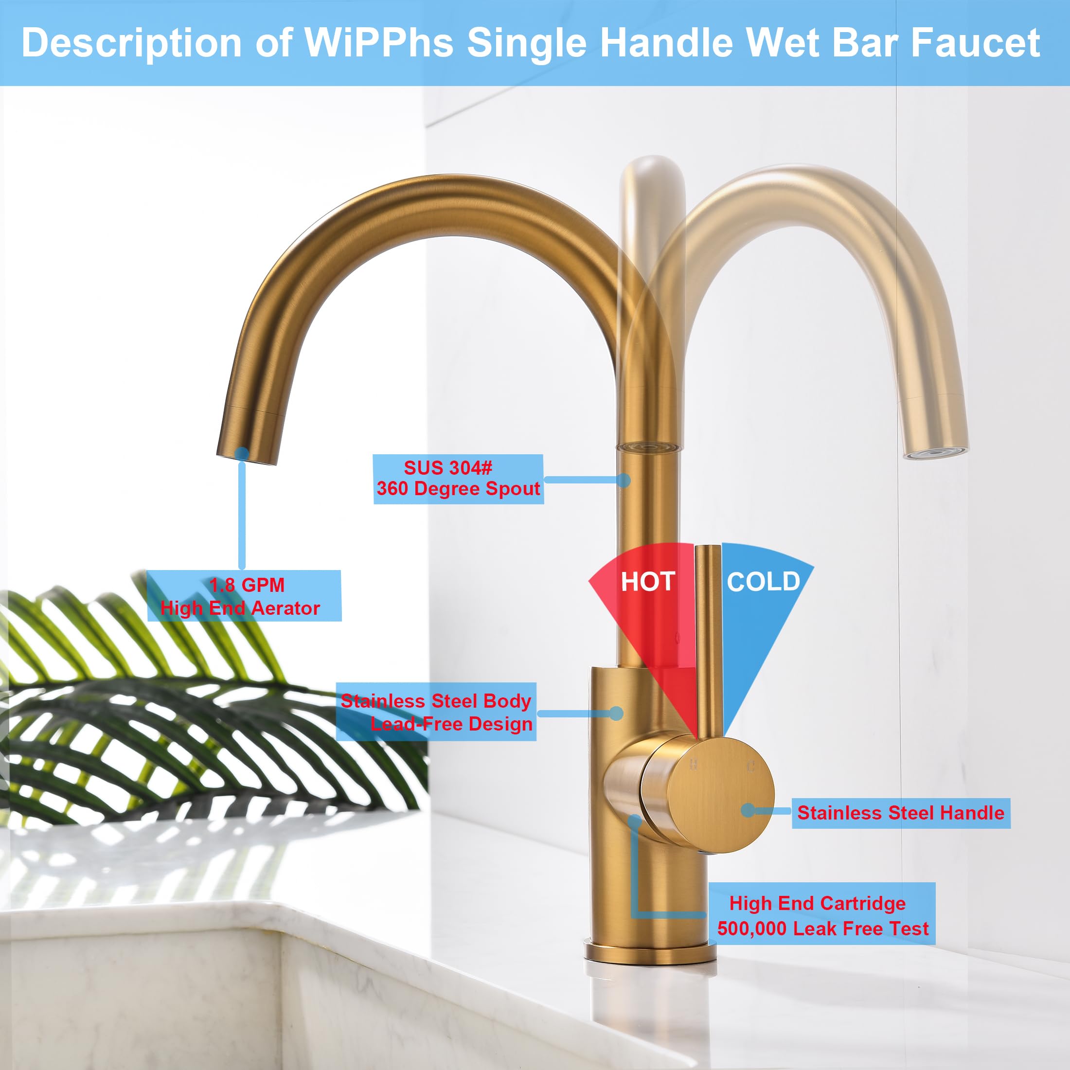 Wipphs Brass Bar Faucet Single Hole, Brushed Brass Kitchen Sink Faucets, Single Handle Brush Gold Modern Wet Bar Sink Faucets, Stainless Steel Mixer Basin Taps