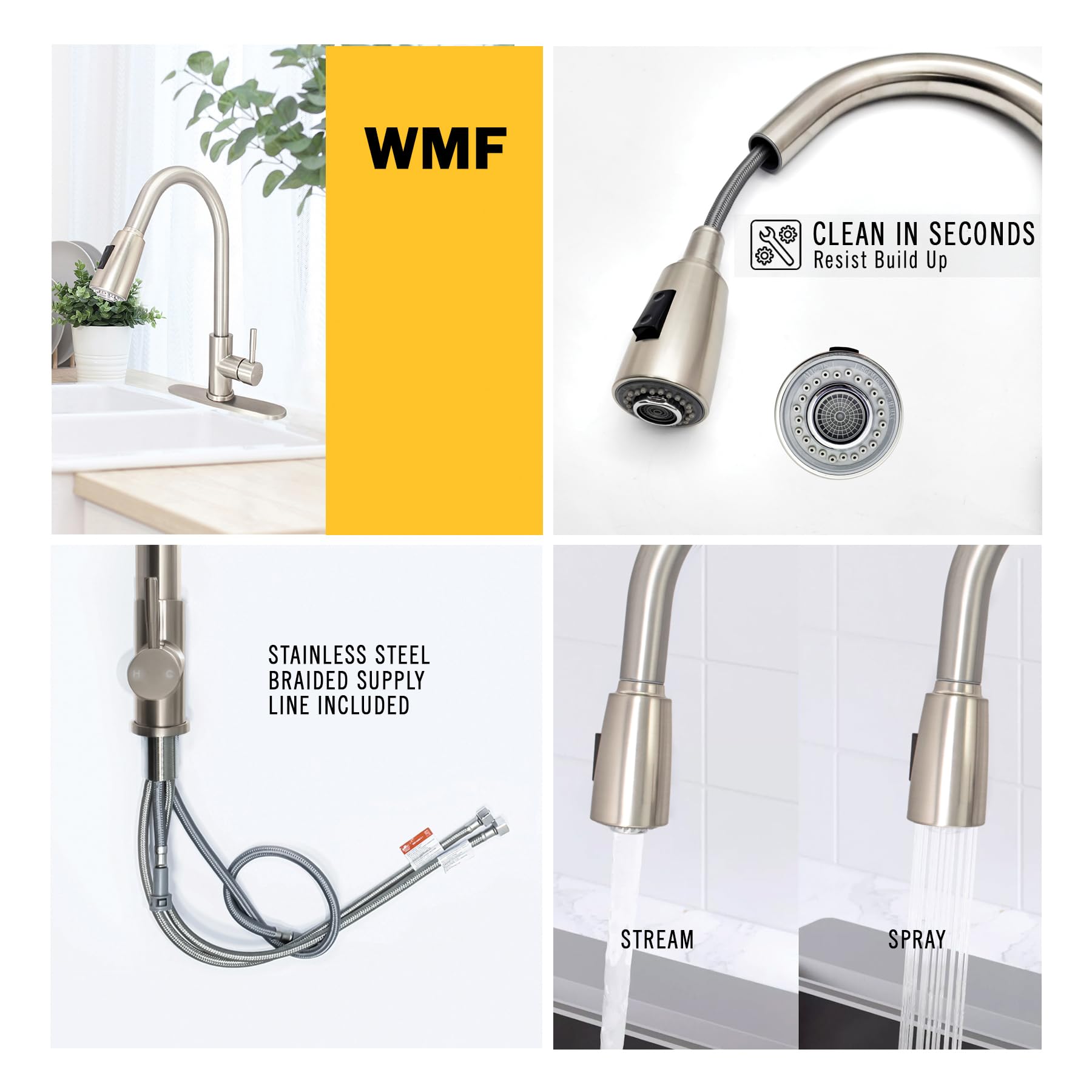 Wmf Kitchen Faucet With Pull Down Sprayer, Brushed Nickel, Anti-Fingerprint, High Arc, Dual Function, Stainless Steel, 1 Or 3 Hole Install For Rv, Farmhouse, Laundry, Bar, Camper