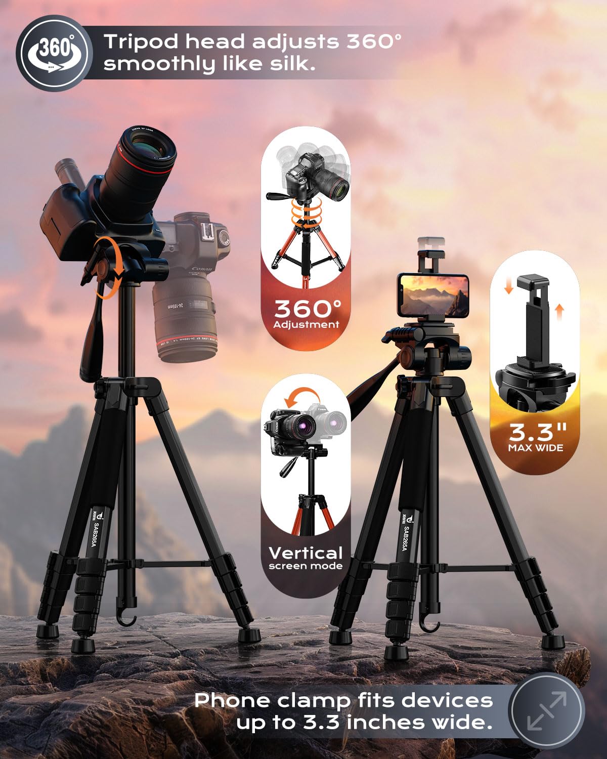 Jobfri 73" Camera Tripod Stand, Aluminum Tripod With Phone Holder, Travel Bag, Compatible With Gopro/Dslr/Cell Phone/Camcorder, Max Load 8.8Lb (Black)