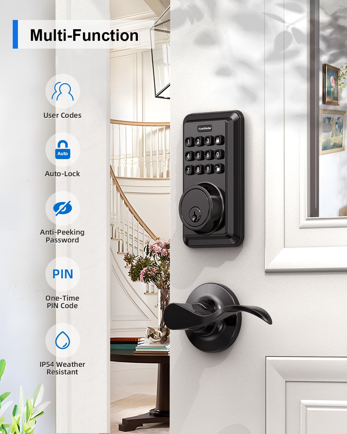 Apestellar Keyless Entry Door Lock With 2 Lever Handles - Electronic Keypad Deadbolt - Front Door Lock Handle Sets - Auto Lock, Anti-Peeking Password, Easy Installation - Matte Black