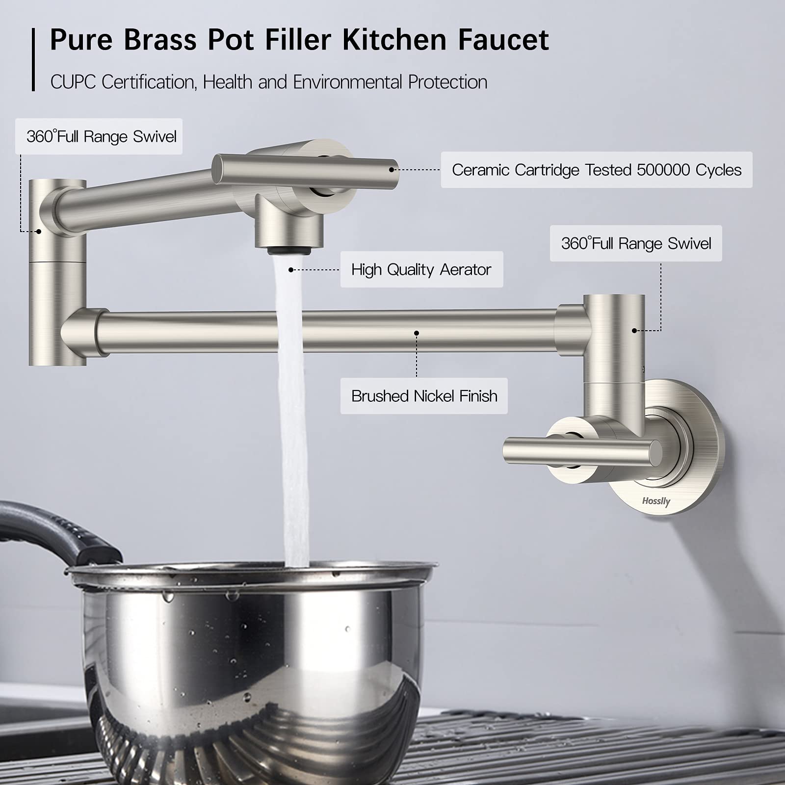 Hosslly Pot Filler Faucet, Wall Mount Lead- Brass Pot Filler Kitchen Faucet With Cupc , Folding Stretchable Kitchen Faucet With Double Joint Swing Arms, Single Hole - Brushed Nickel