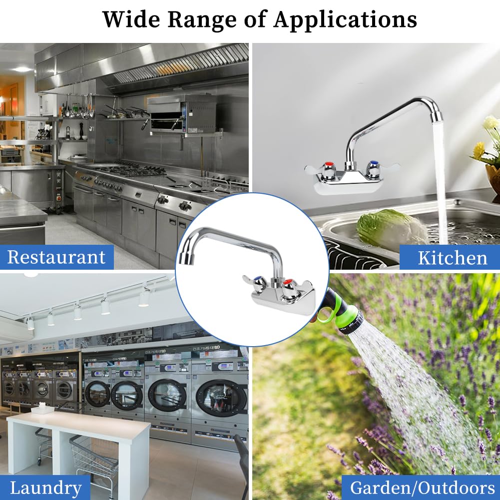 Tnroted 4 Inch Center Wall Mount Kitchen Hand Sink Faucet, Commercial Sink Faucet With 10" Swivel Spout, Dual Lever Handles Brass Constructed Utility Sink Faucet - 1/2" Npt Male Inlet