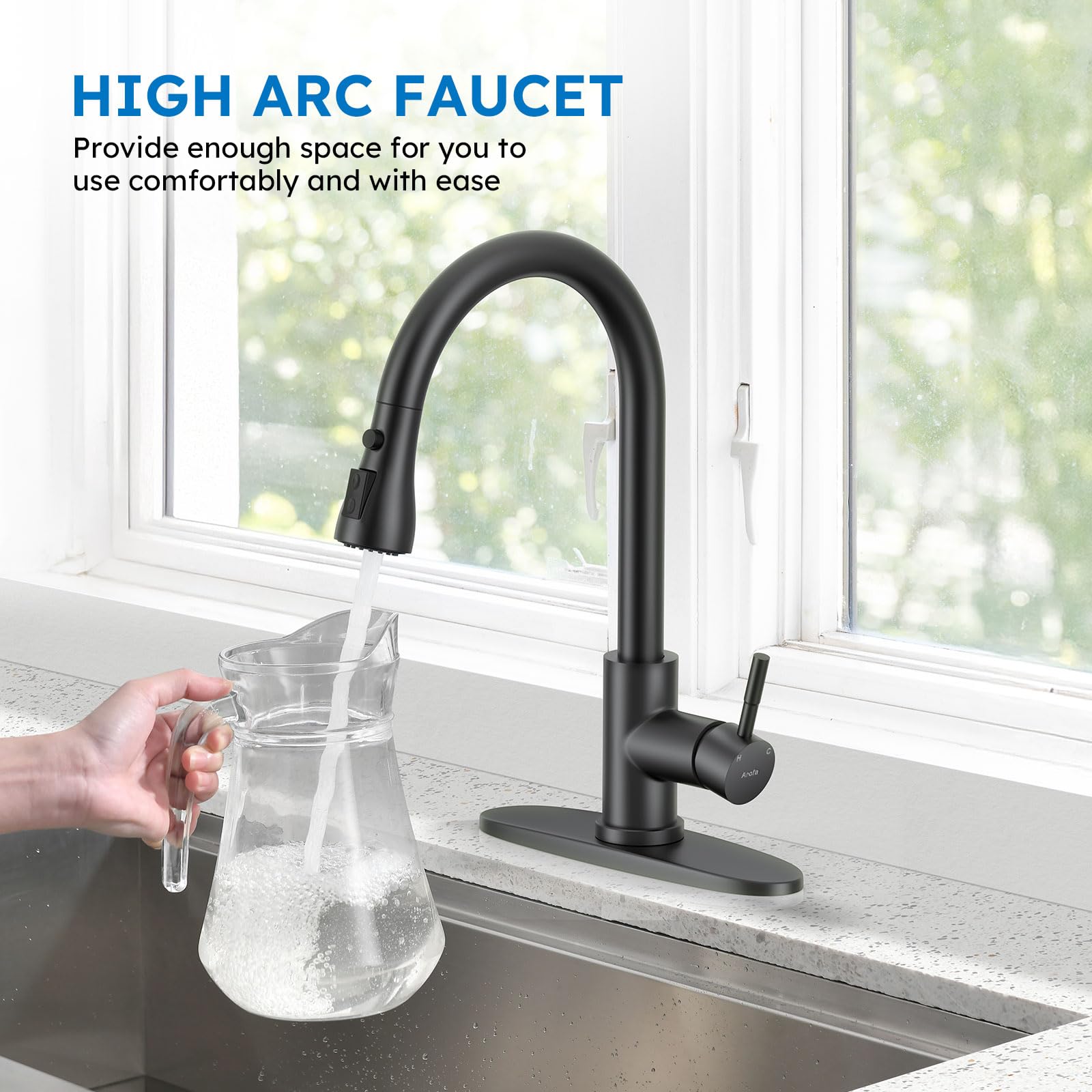 Arofa Matte Black Kitchen Faucet, Kitchen Sink Faucet With Pull Down Sprayer Single Handle Stainless Steel Commercial Modern For 1 Or 3 Hole Farmhouse Camper Laundry Utility Rv Bar Sinks