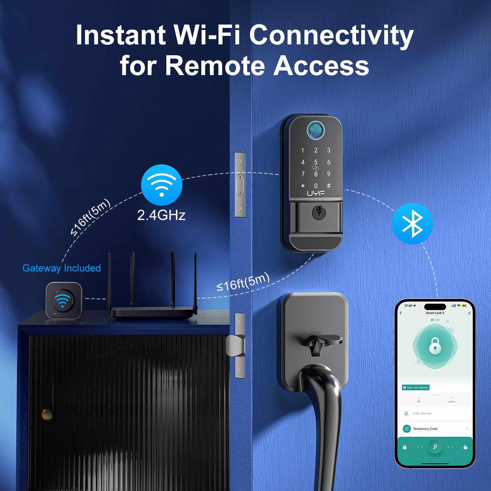 Uyf Wifi Front Door Lock Set: Keyless Entry Door Lock Deadbolt With Handle Set, Smart 360° Biometric Fingerprint Touchscreen Locks, Includes Gateway, Alexa Bluetooth App Control, Aluminum Alloy,Black