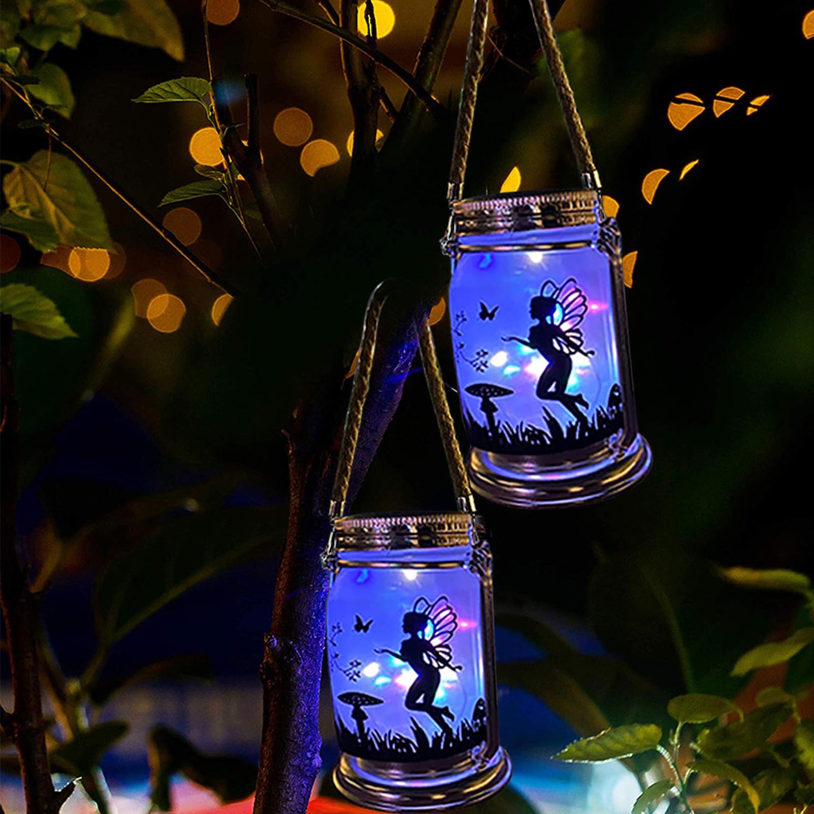 Angmln Solar Fairy Lantern For Garden Decorations- 2 Pack Outdoor Fairies Night Lights Mothers Day  For Woman Mom Grandma, Hanging Lamp Frosted Glass Jar For Home Yard Patio Lawn Party Decor