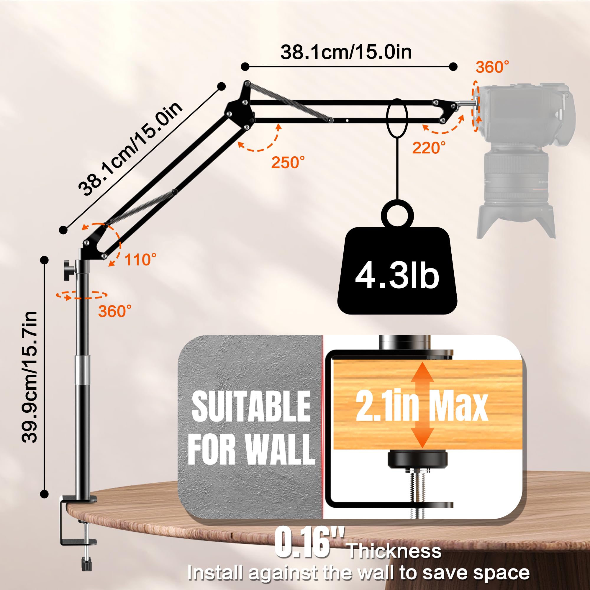 Taisioner Overhead Camera Mount Desk Stand,Thick Desktop Clip,Scalable Desktop Pole,Locking Function,Adjustable Flexible Camera Arm,Tabletop Mount For Dslr Camera/Webcam/Microphone/Lights