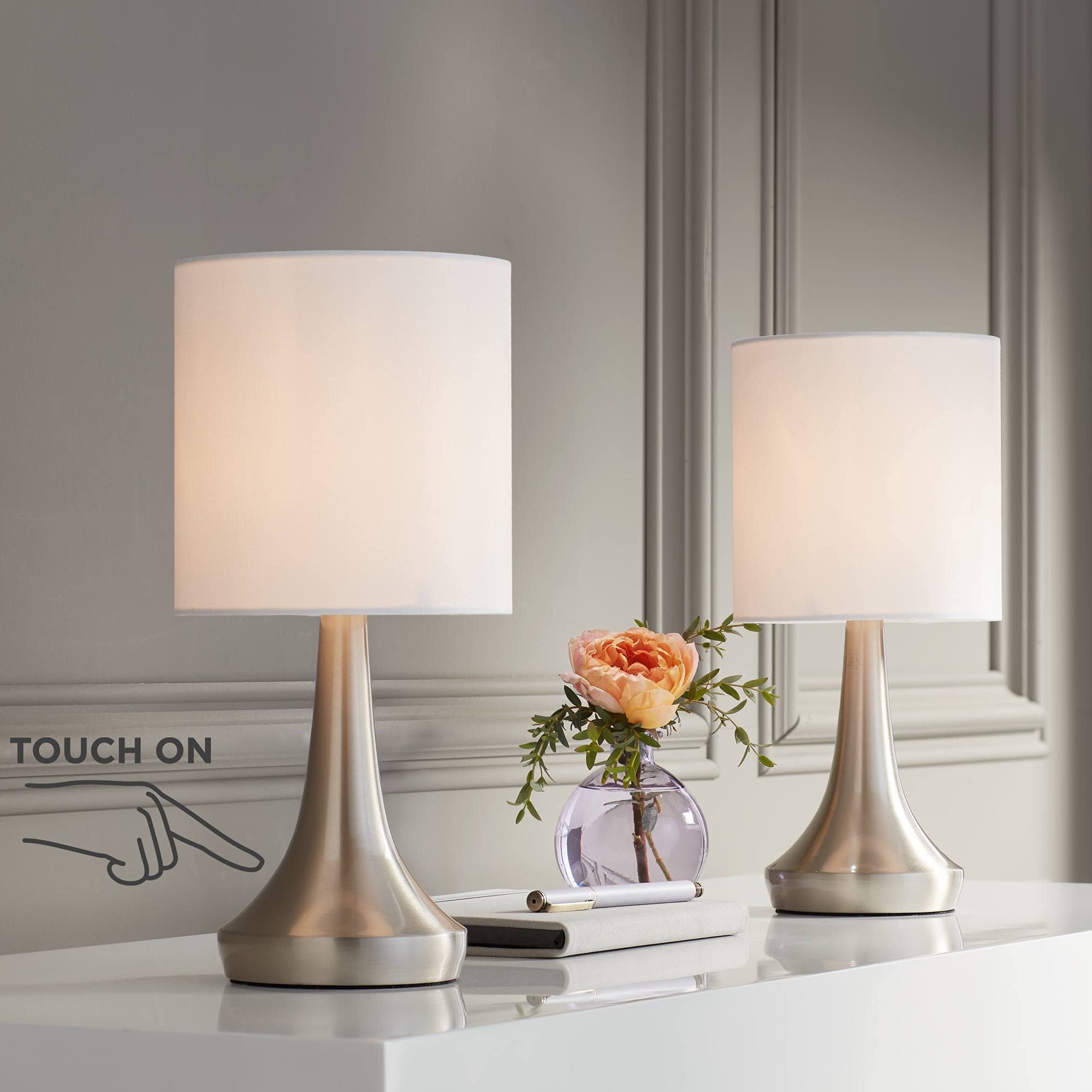 360 Lighting Zofia Modern Accent Table Lamps 13" Tall Set Of 2 Brushed Nickel Silver Tapered Metal Touch On Off White Fabric Drum Shade For Bedroom House Bedside Nightstand Office Entryway
