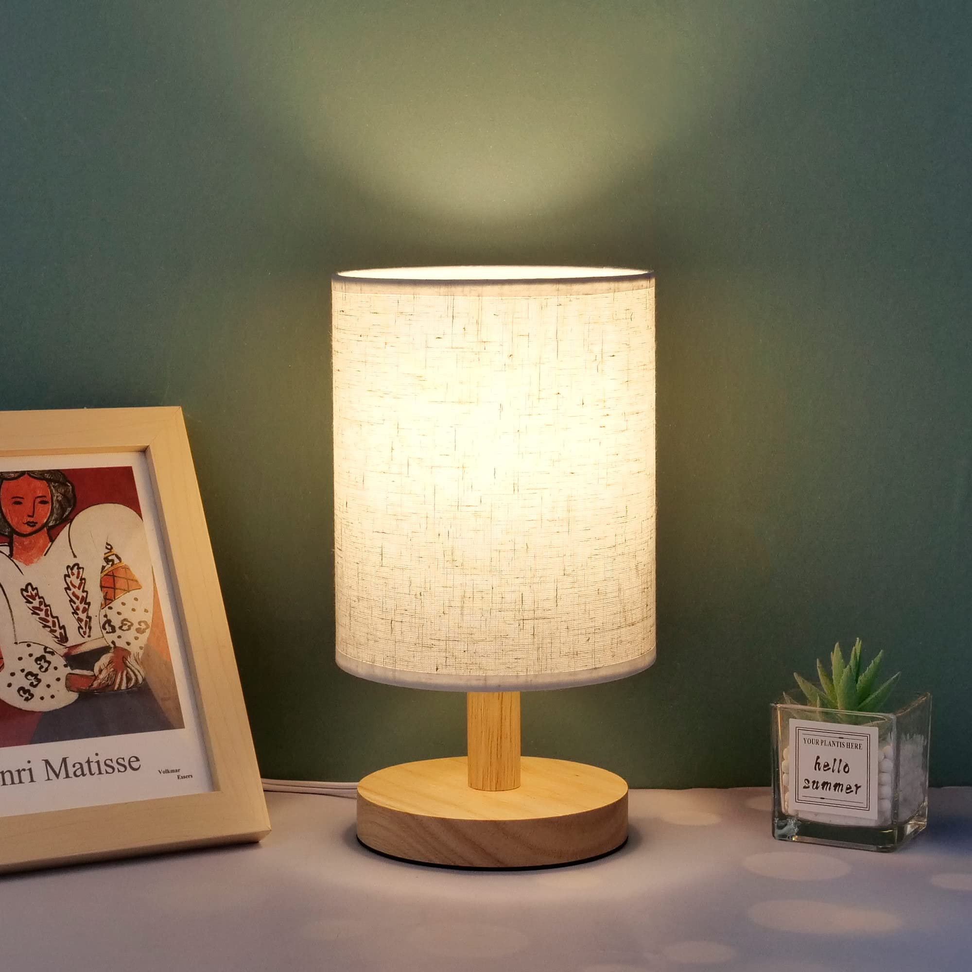 Achuai Small Table Lamp Mini Bedside Night Light Wooden Simple Desk Nightstand Lighting With Linen Shade For Bedroom, Living Room, Kids Room (Including Led Bulb) (Round)