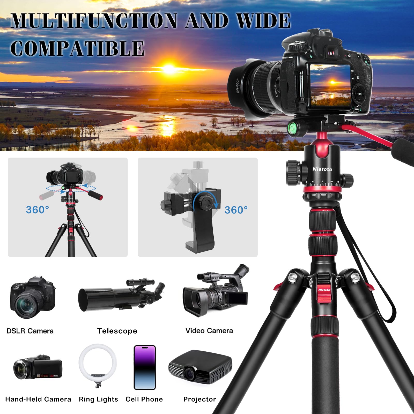 Nietoto 68" Tripod For Camera, 2 In1 Camera Tripods & Monopods With Removable Handle, Professional Cnc Ball Head Video Tripod, Heavy Duty Tripod For Dslr Camera Lasers Spotting Scope Binoculars Telescope