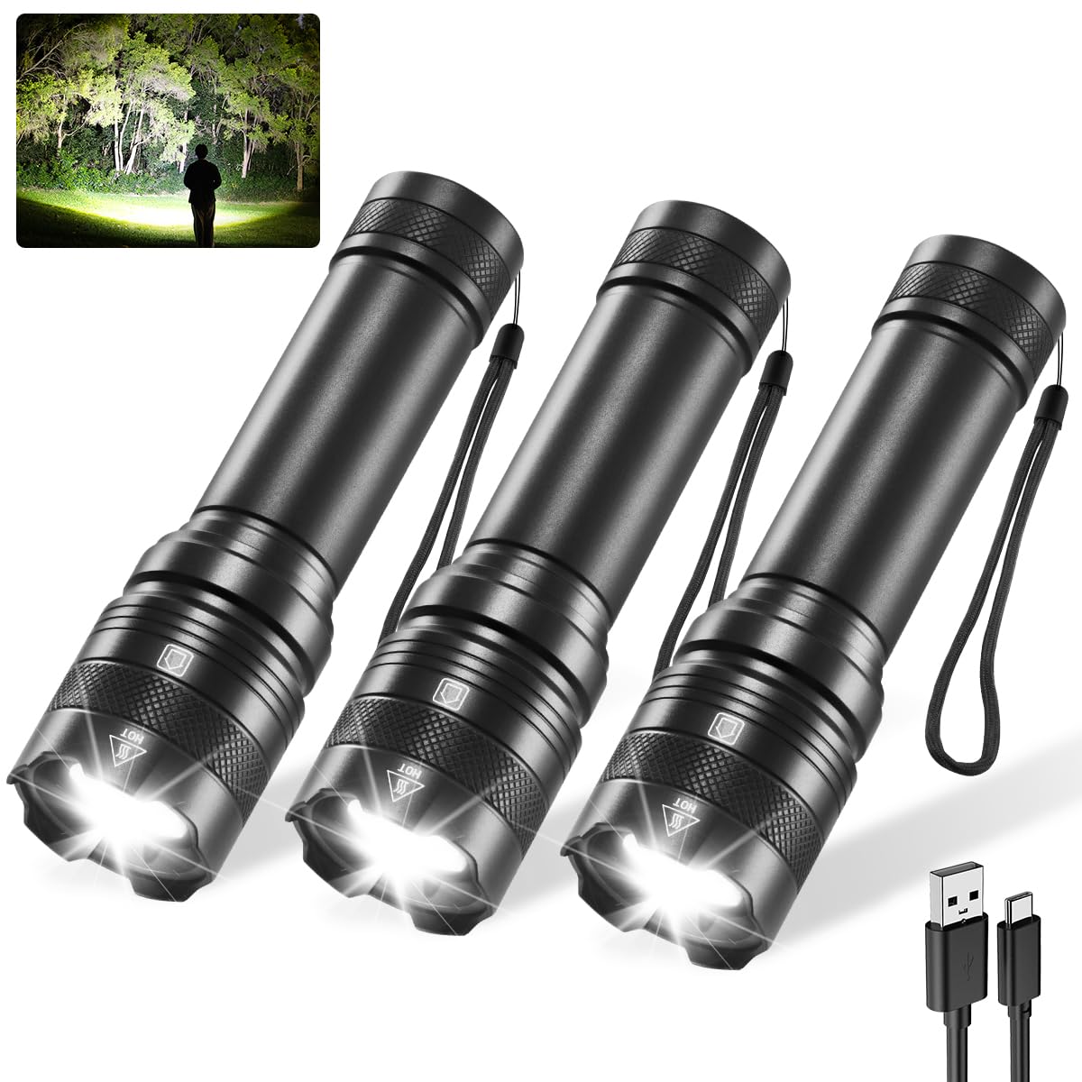Rufykiri 3Pack Rechargeable Flashlights, Tactical Flashlight High Lumens, Super Bright Flashlight, Mini Small Flashlights Powerful, Led Linterna Recargable, Pocket Handheld Led Flash Light For Home Emergency
