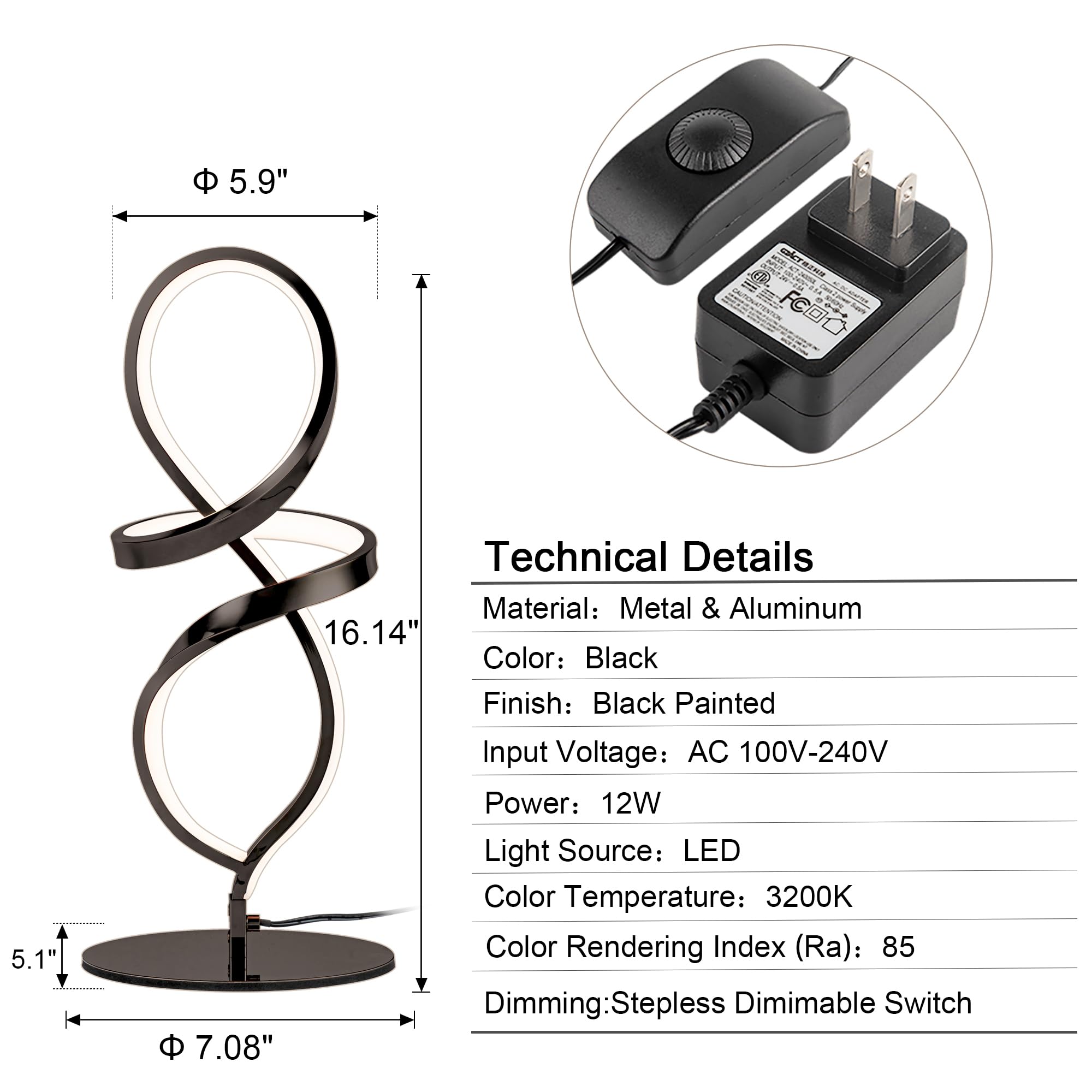 Mayful Modern Table Lamp With Led Spiral Design, Bedside Lamp With Stepless Dimming Switch, Contemporary Nightstand & Black Table Lamp For Bedroom, Living Room, Home Office, 12W 3200K Warm White