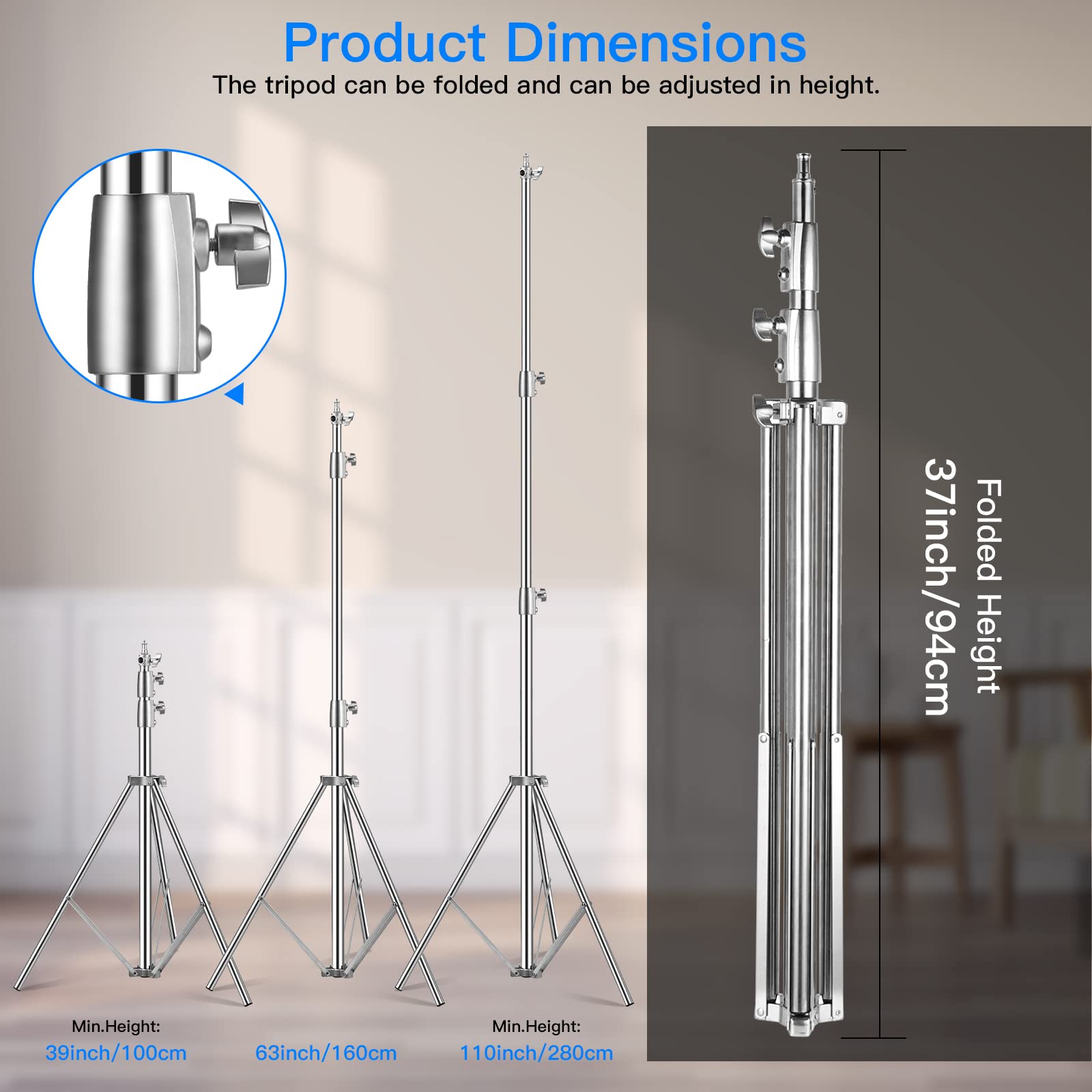 Supon Stainless Steel Light Stand 110" /2.8M, Spring Cushioned Heavy Duty Tripod Stand With 1/4-Inch To 3/8-Inch Universal Adapter For Studio Monolight Softbox Reflector Photography Portrait Video