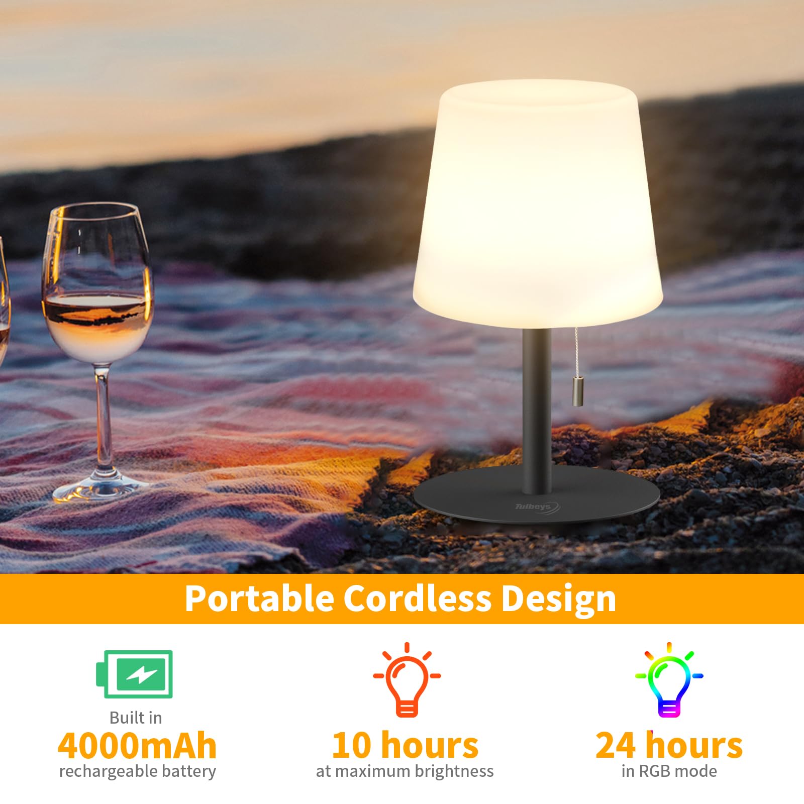 Tulbeys Warm & Rgb Cordless Table Lamp, Rechargeable Outdoor Battery Table Lamp Shower Waterproof Bedroom Lamps, Small Bedside Lamps For Night Stands