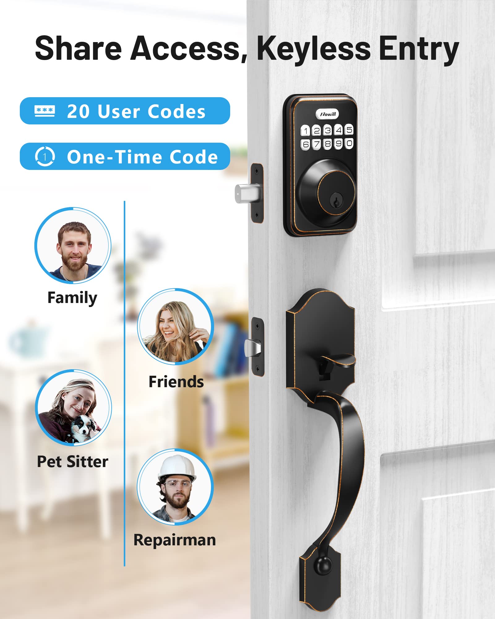 Zowill Keyless Entry Door Lock Set, Electronic Keypad Deadbolt With 2 Handles, Front Door Handle Lever Sets, Auto Lock,Code Door Lock,Oil-Rubbed Bronze