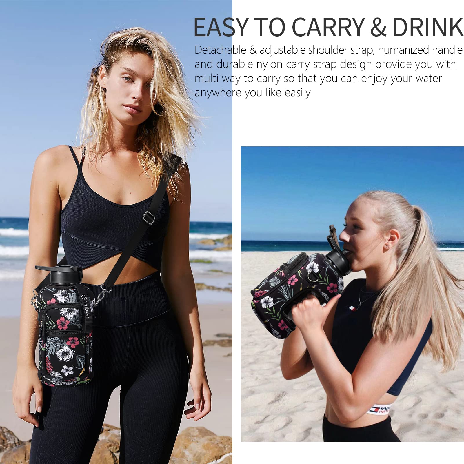 Fimibuke Half Gallon Water Bottle With Sleeve 64 Oz Water Bottle With Handle & Straw Leakproof