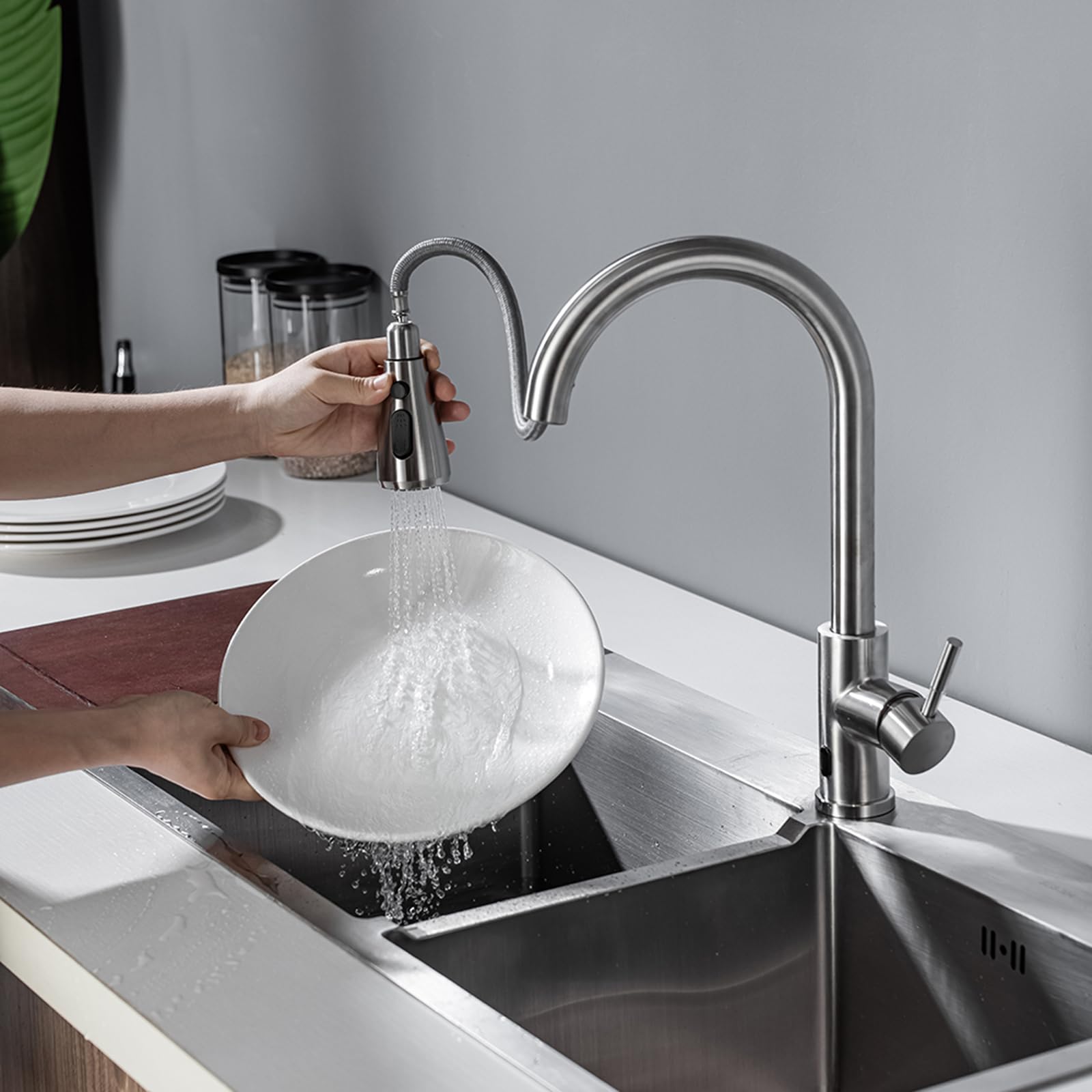 Nxxcli Touchless Kitchen Faucet With Pull Down Sprayer Brushed Nickel Kitchen Faucet Infrared Sensor Kitchen Faucet Touchless Kitchen Sink Faucets Stainless Steel Single Handle Motion Sensor Kitchen Faucet