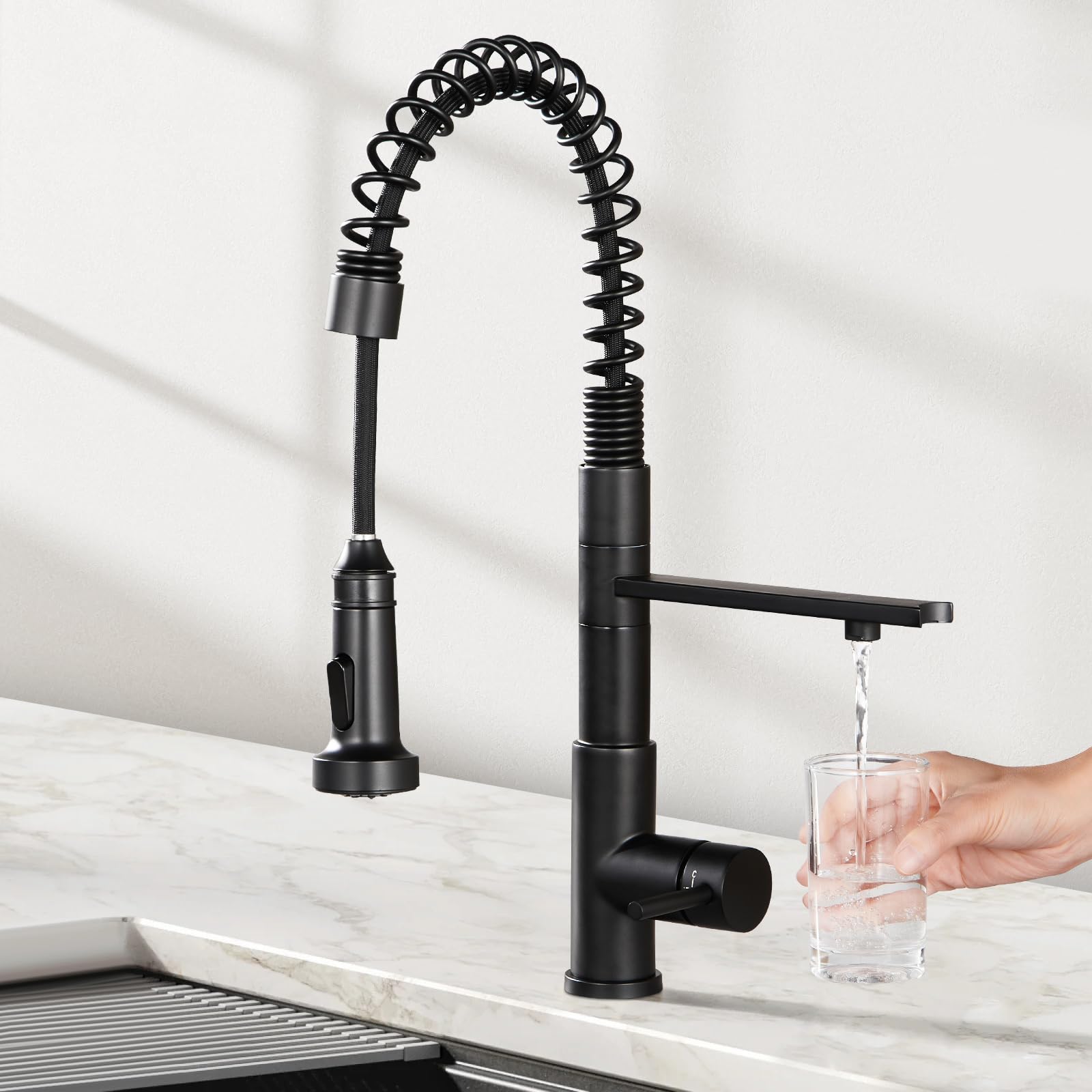 Crea Kitchen Faucets With Water Filter Faucet Buil-In,3 Way Drinking Water Faucet For Kitchen Sink,Black Kitchen Faucet With Pull Down Sprayer,Rotatable Spring Gooseneck Stainless Steel Single Handle