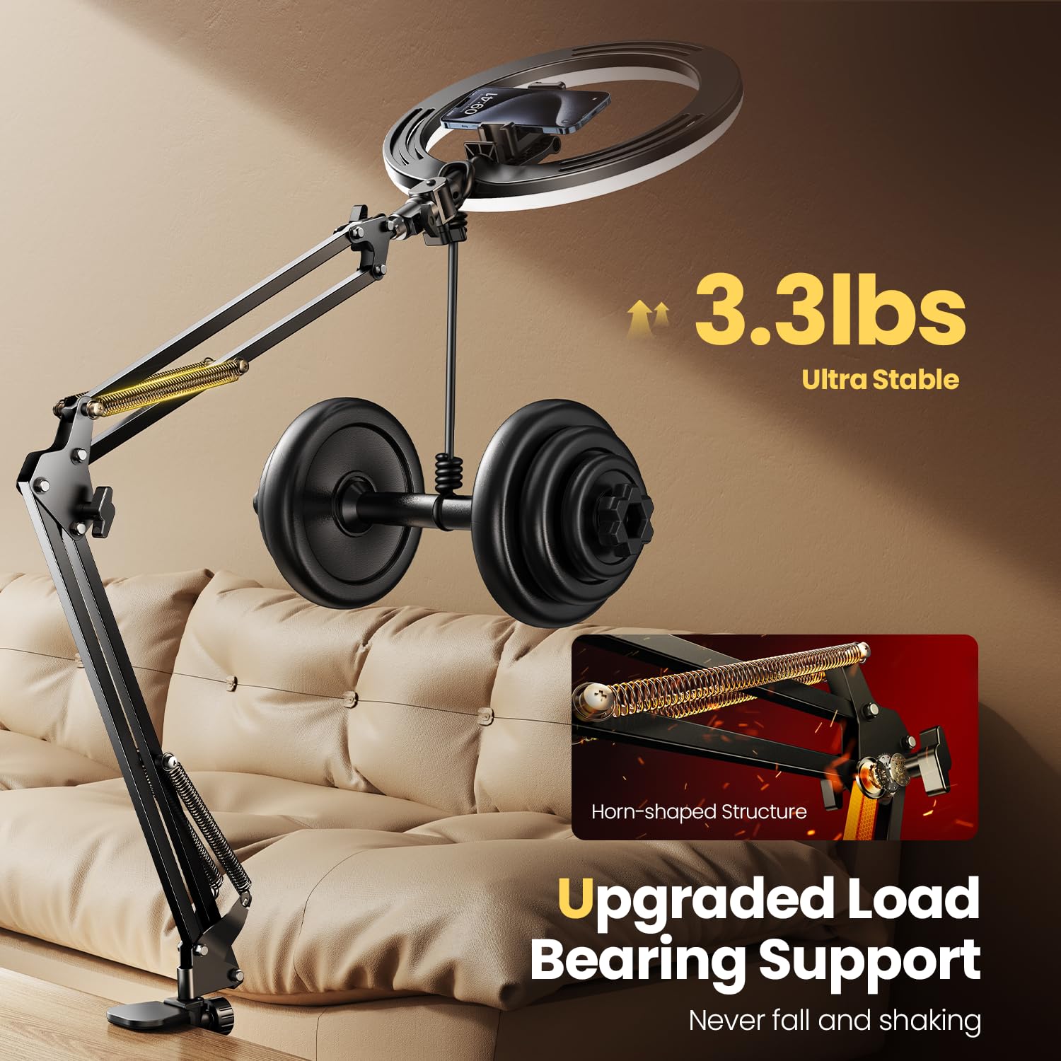 Atkttop 10.5'' Ring Light With Overhead Phone Mount [Anti-Shaking] Adjustable Led Selfie Circle Light Stable Iphone Desk Stand & Holder For Video Recording, Clamp Tripod For Live Stream,Tiktok,Youtube