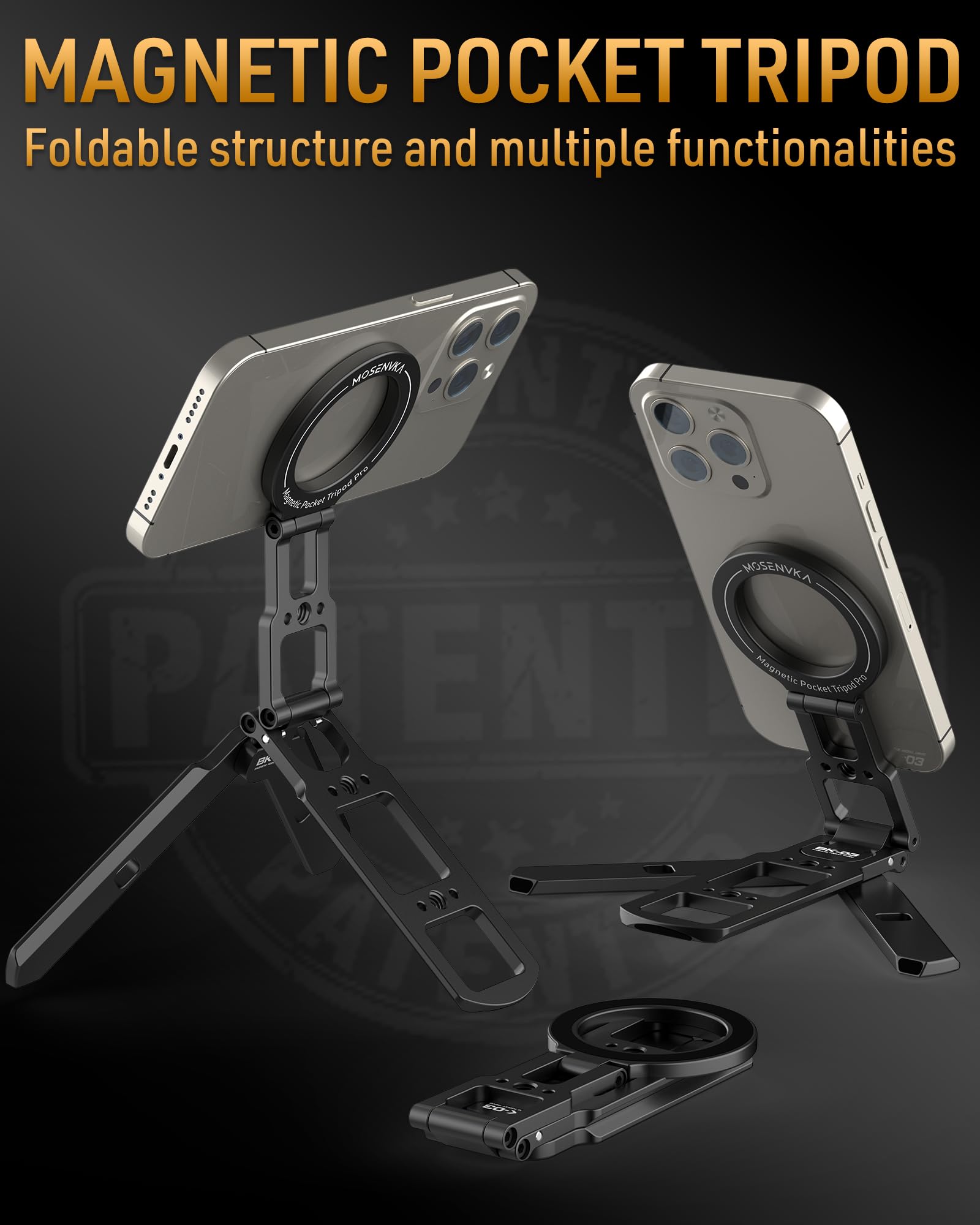 Mosenvka Dual Magnetic Phone Tripod Foldable Double Magnet Mount Pocket Cell Phone Stand Handle Stick For Iphone 16/15/14/13/12 Plus Max For Ipad Travel Gym Magnetic Tripod [Us Patent Registered]