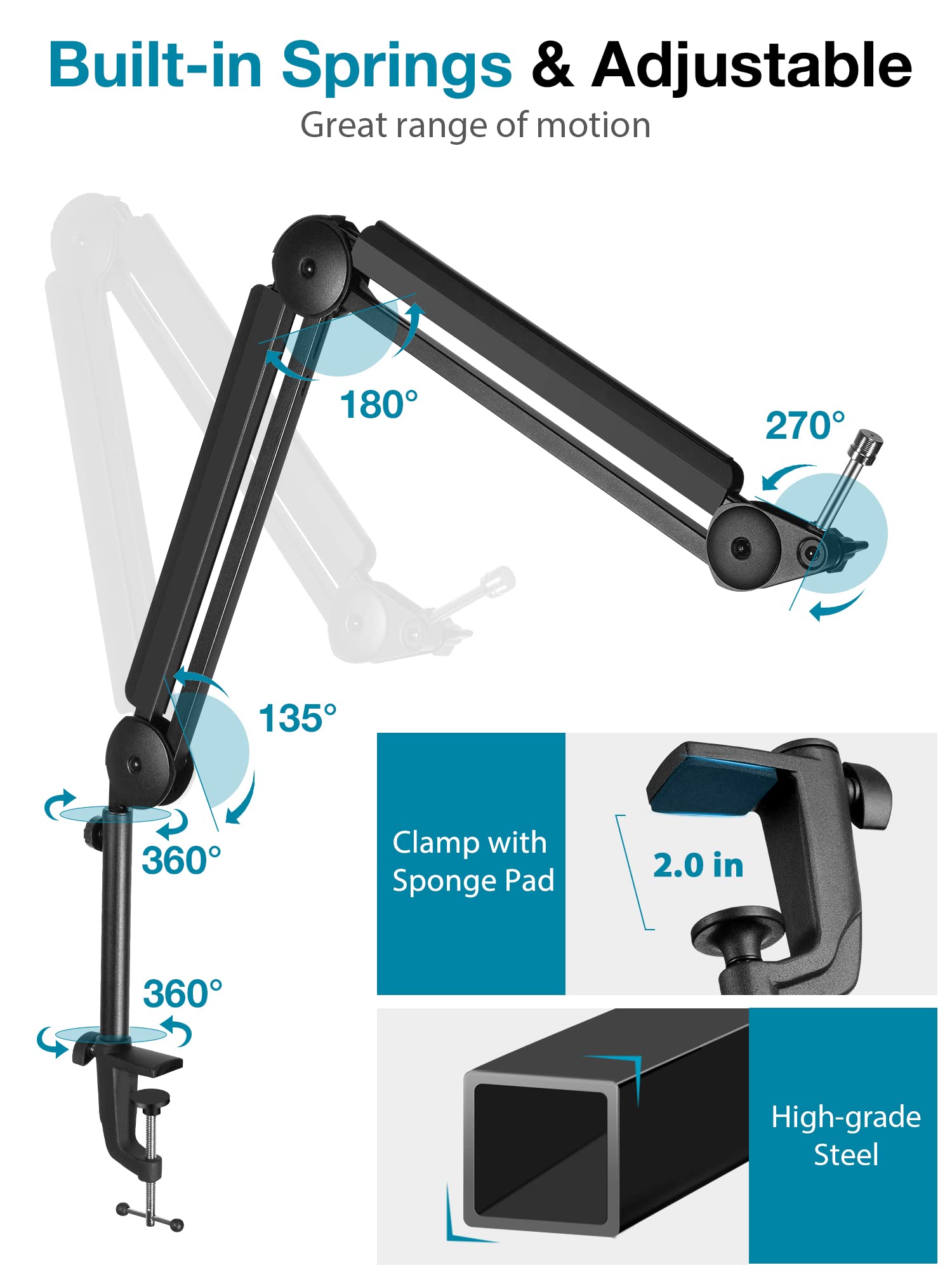 Innogear Mic Boom Arm With Cable Management & 8 Pieces Mic Stand Adapter For Microphone Stand Boom Arm Mic Clip Shock Mount Camera Tripod Webcam