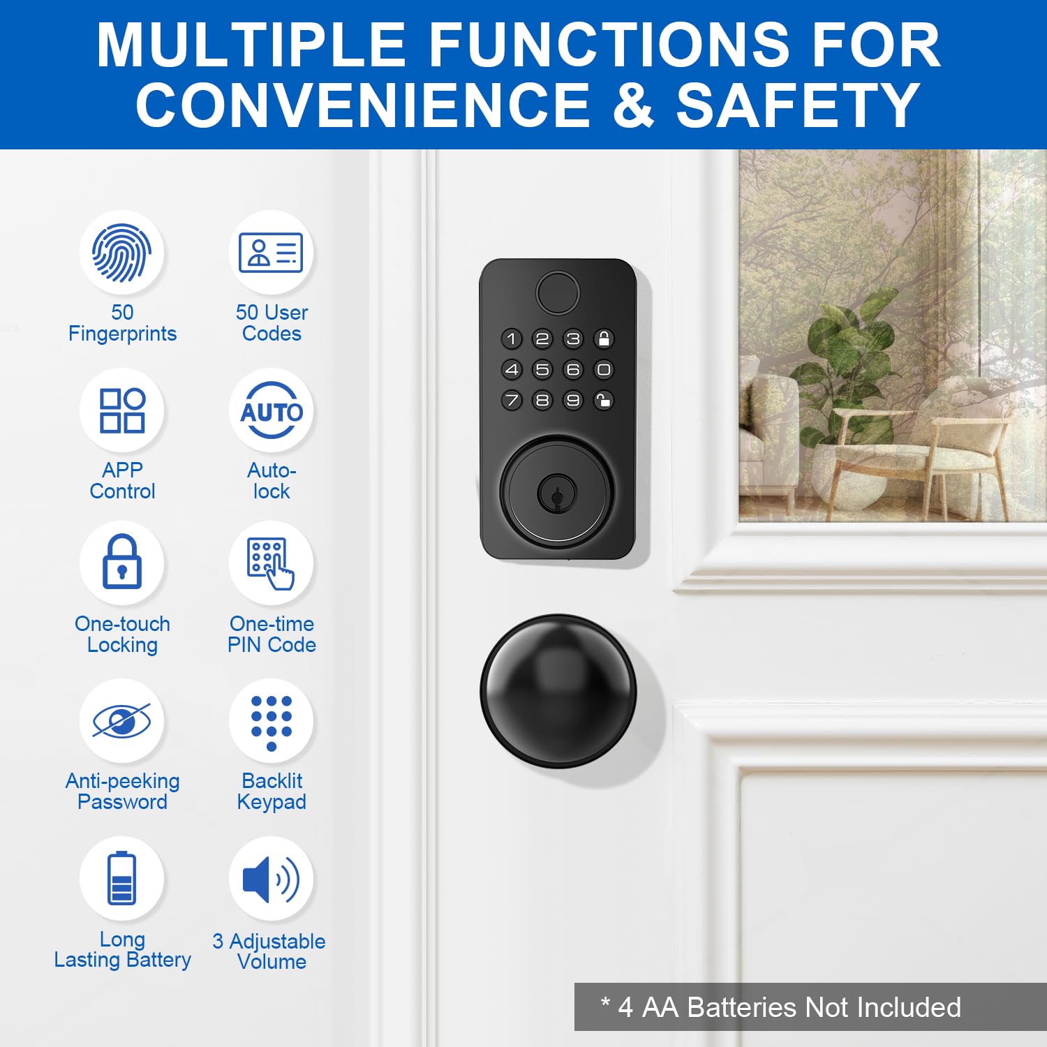 Aulaborer Fingerprint Door Lock Deadbolt With Handle Set – Smart Keyless Entry Lock With 5-In-1 Unlock, Keypad Lock With Autolock, App Control – Easy Diy Installation For Home & Rental Security (Metal Black)
